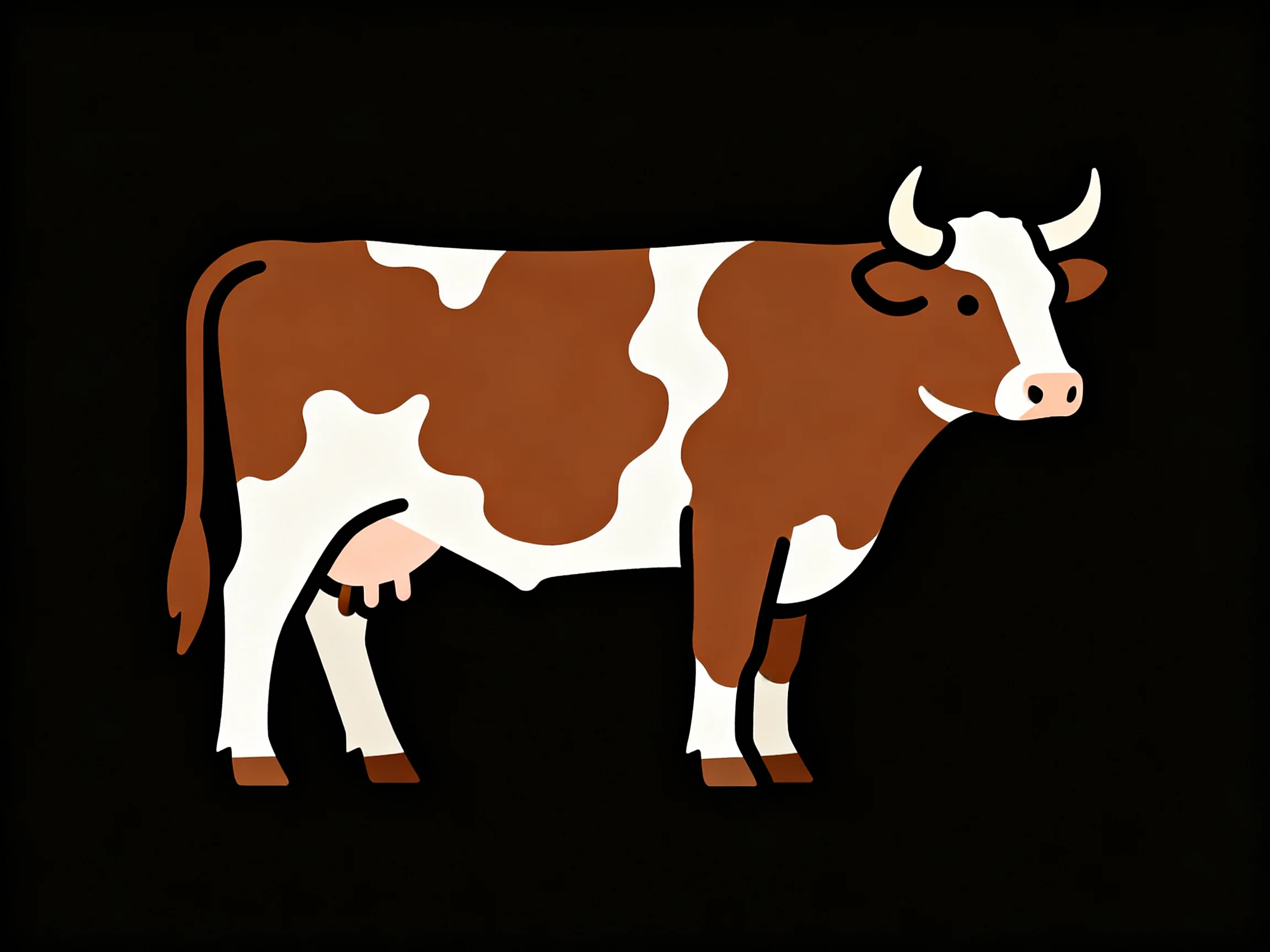 A brown and white spotted cow with curved horns on a solid black background