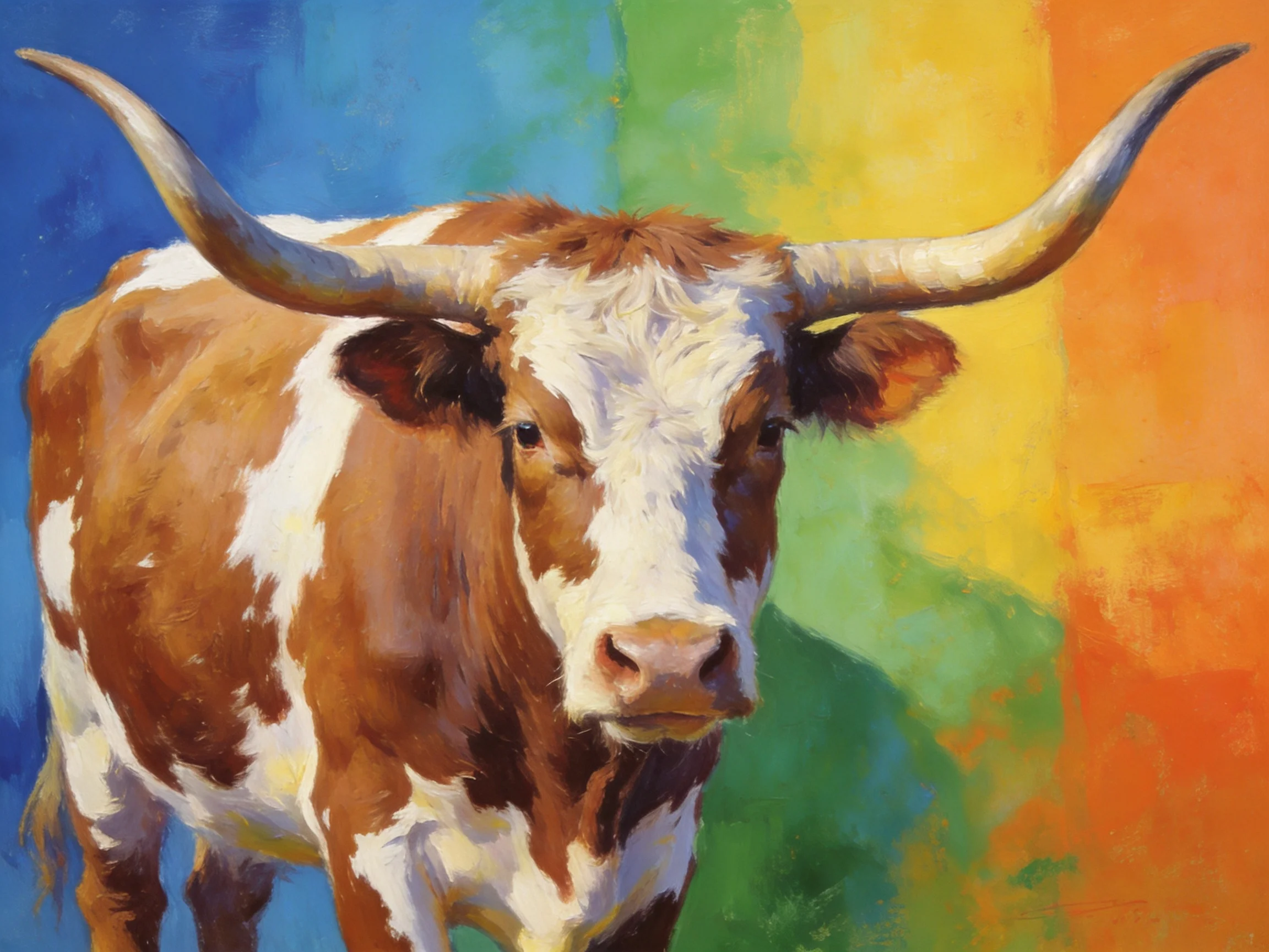 A brown and white spotted cow with large curved horns against vibrant colored backdrop