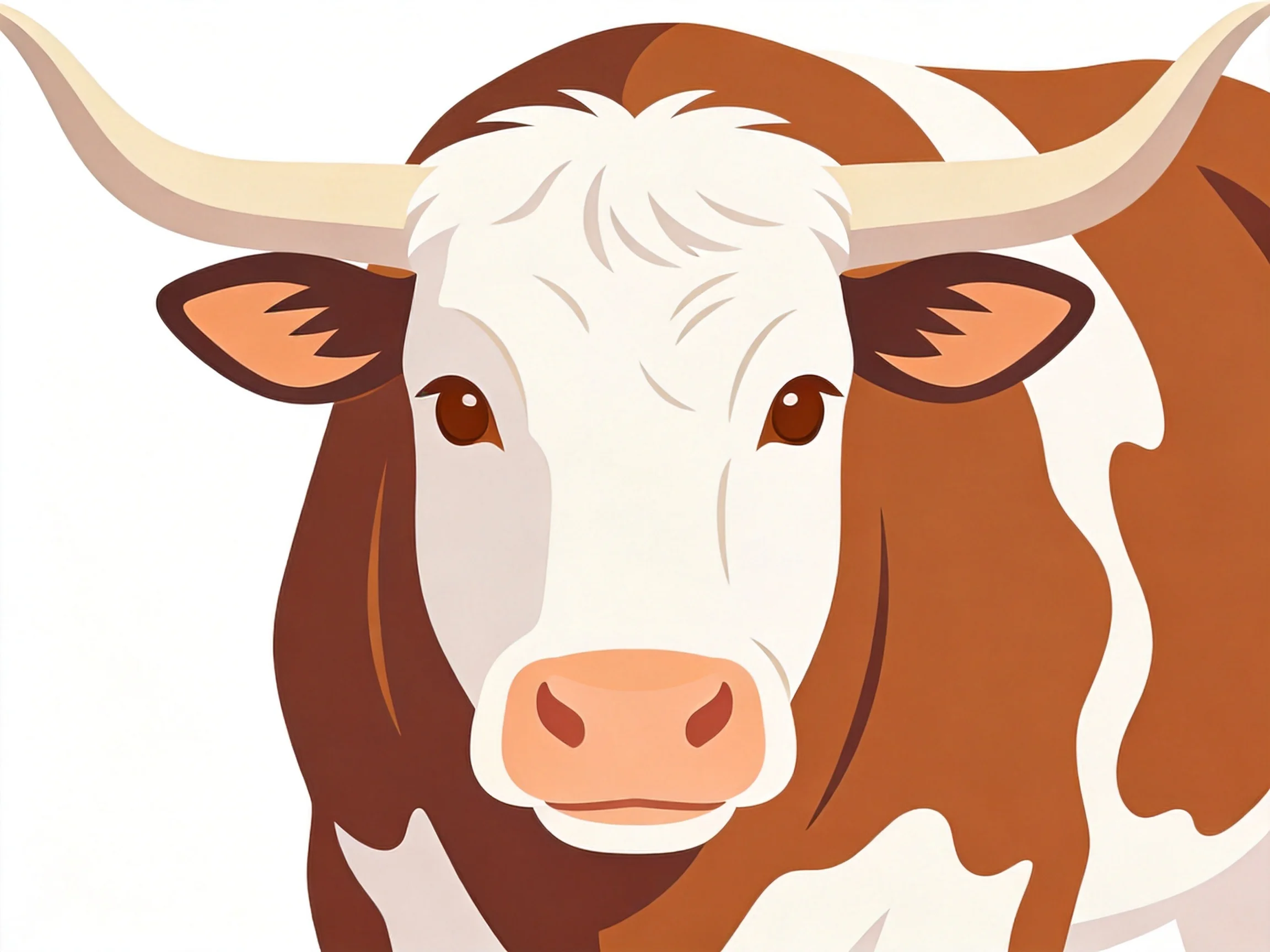 A brown and white spotted cow with large curved horns