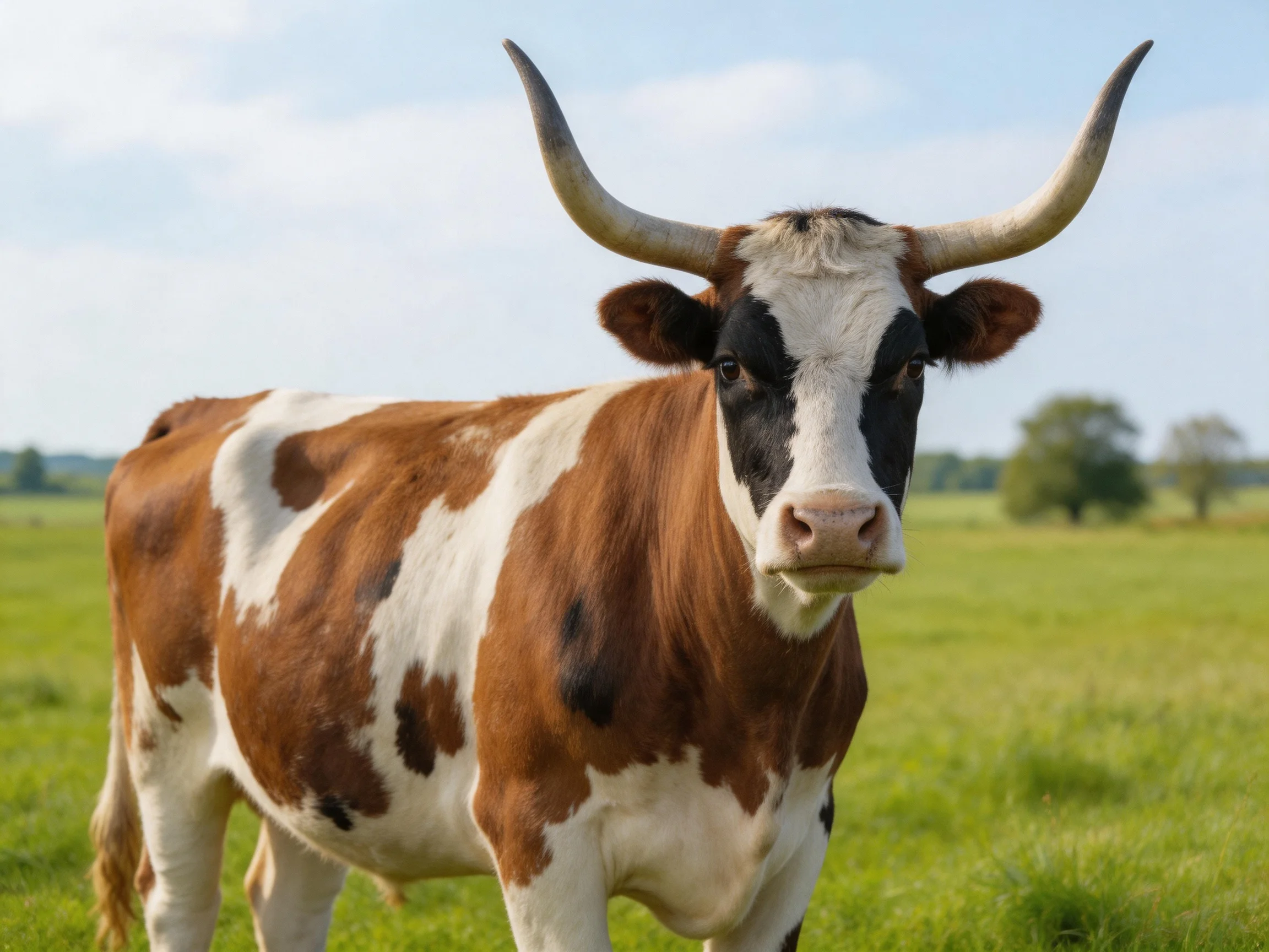 A brown and white spotted cow stands in a sunlit green pasture.