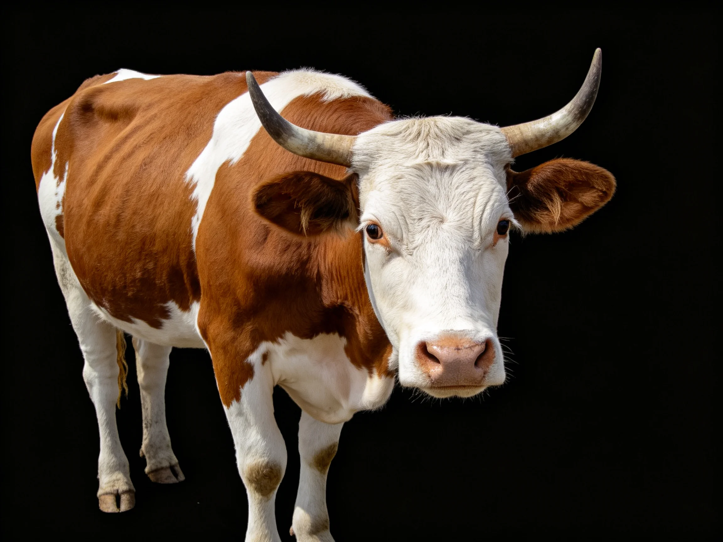 A brown and white spotted cow stands against a black background.