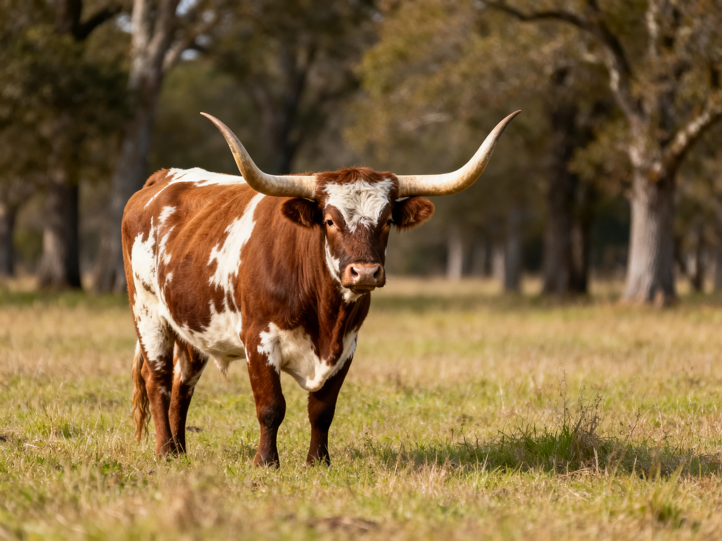 A brown and white spotted longhorn stands in a grassy field near trees.