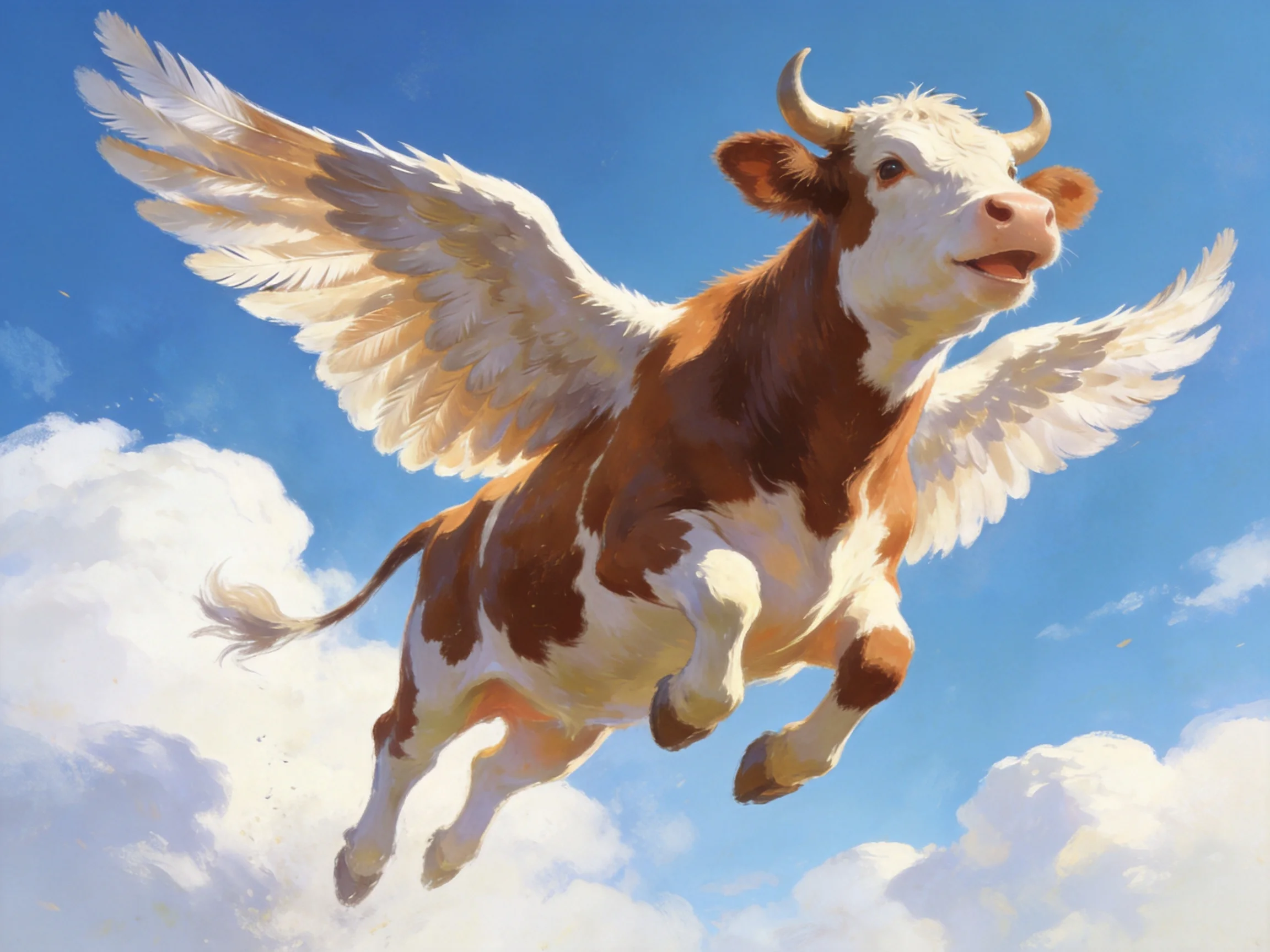 A brown and white winged cow flies through a bright blue sky with fluffy clouds
