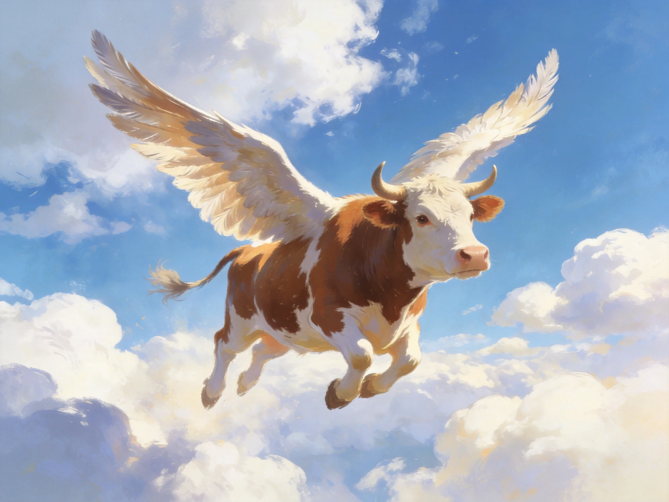 A brown and white winged cow flies through bright blue cloudy skies