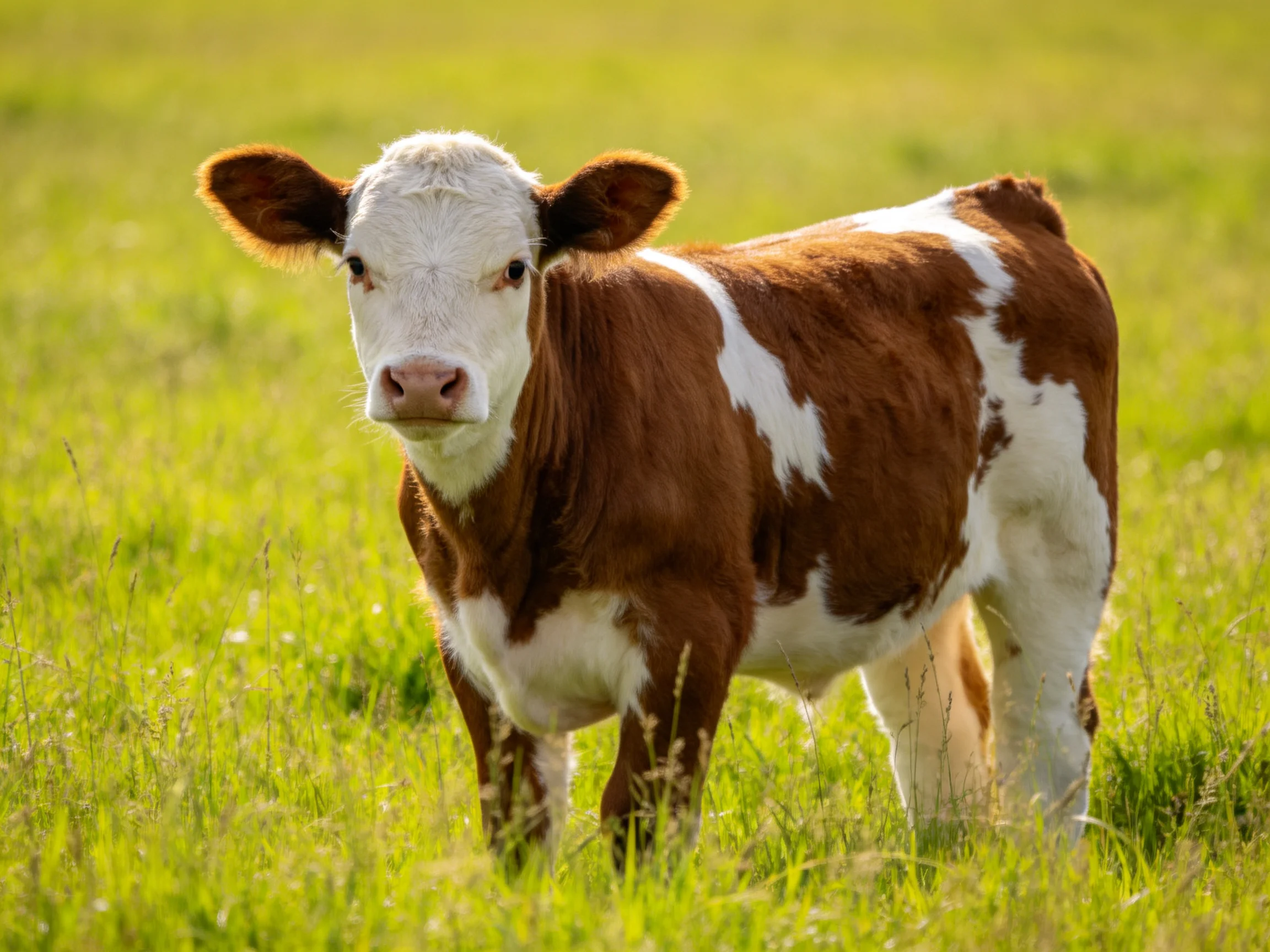 A brown and white young cow in a verdant grassy field