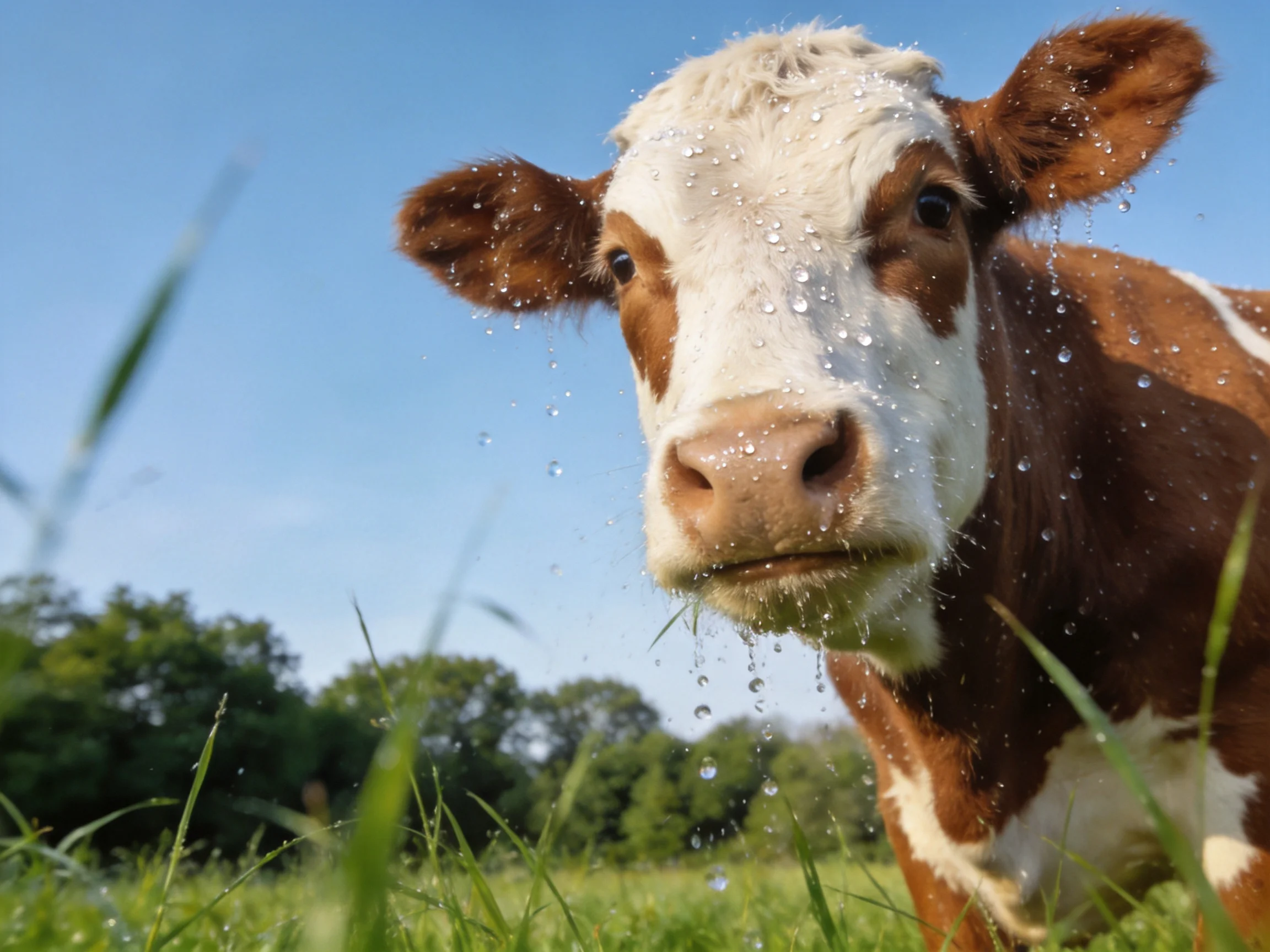 A brown and whitecow with water droplets in a green meadow