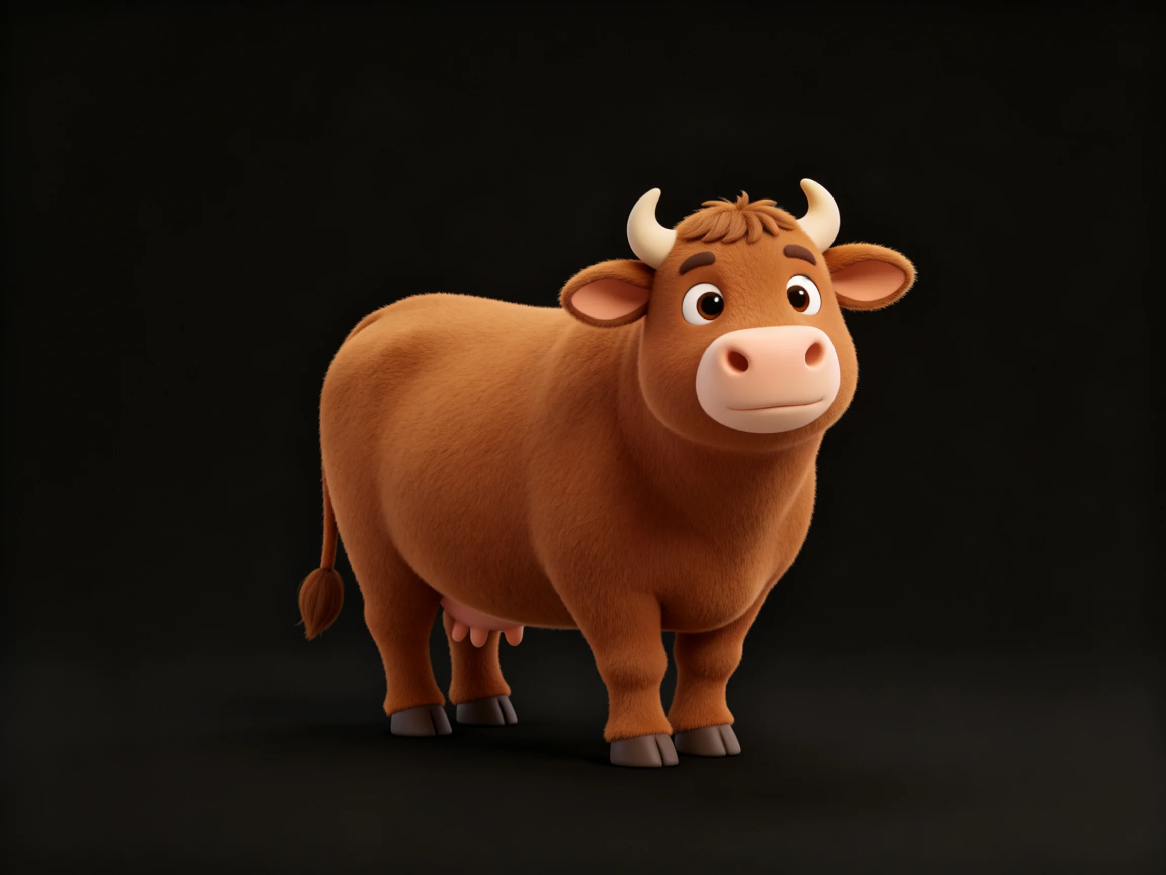 A brown animated cow with curved horns stands against a solid black backdrop