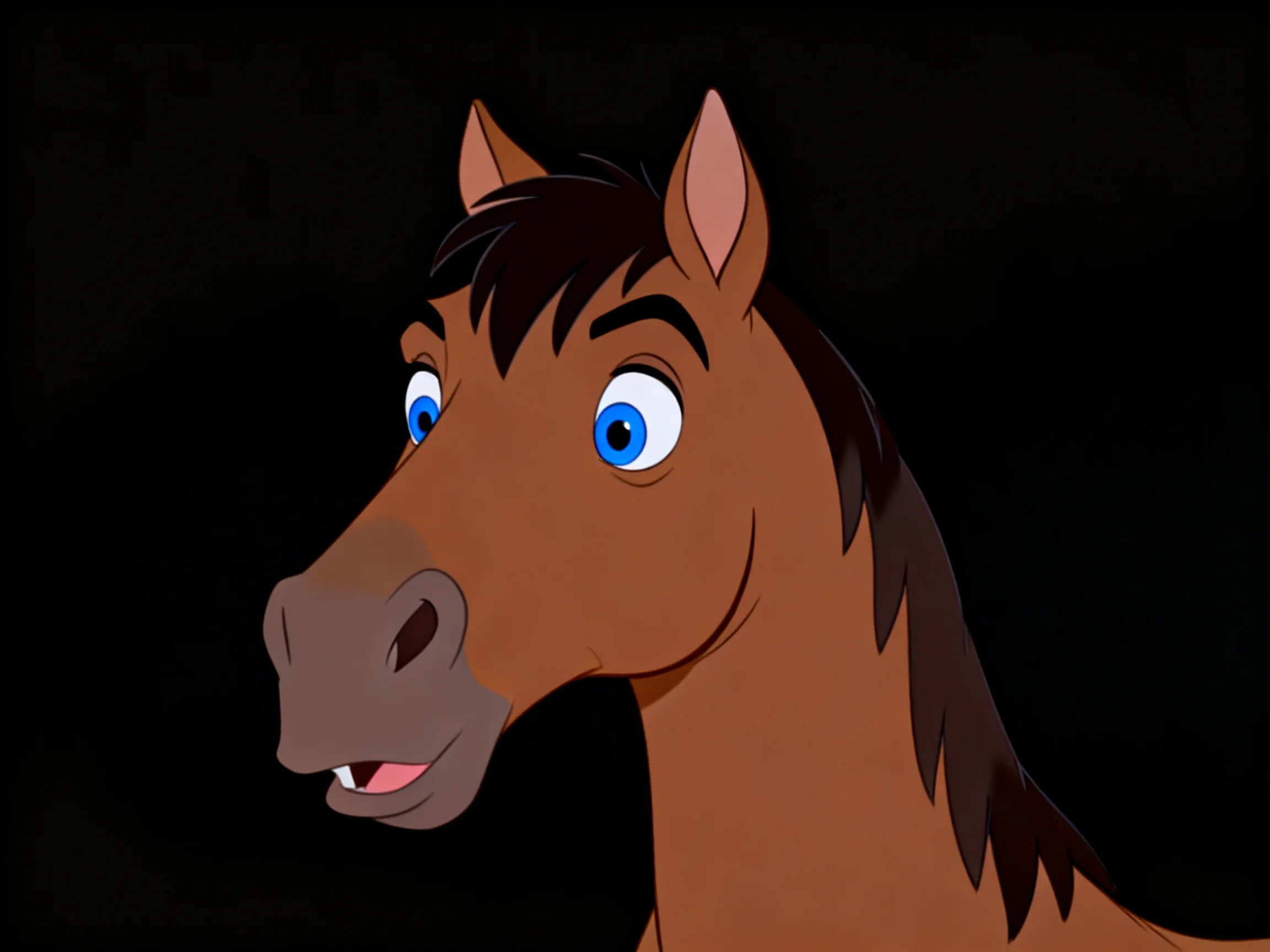 A brown animated horse with bright blue eyes and dark mane