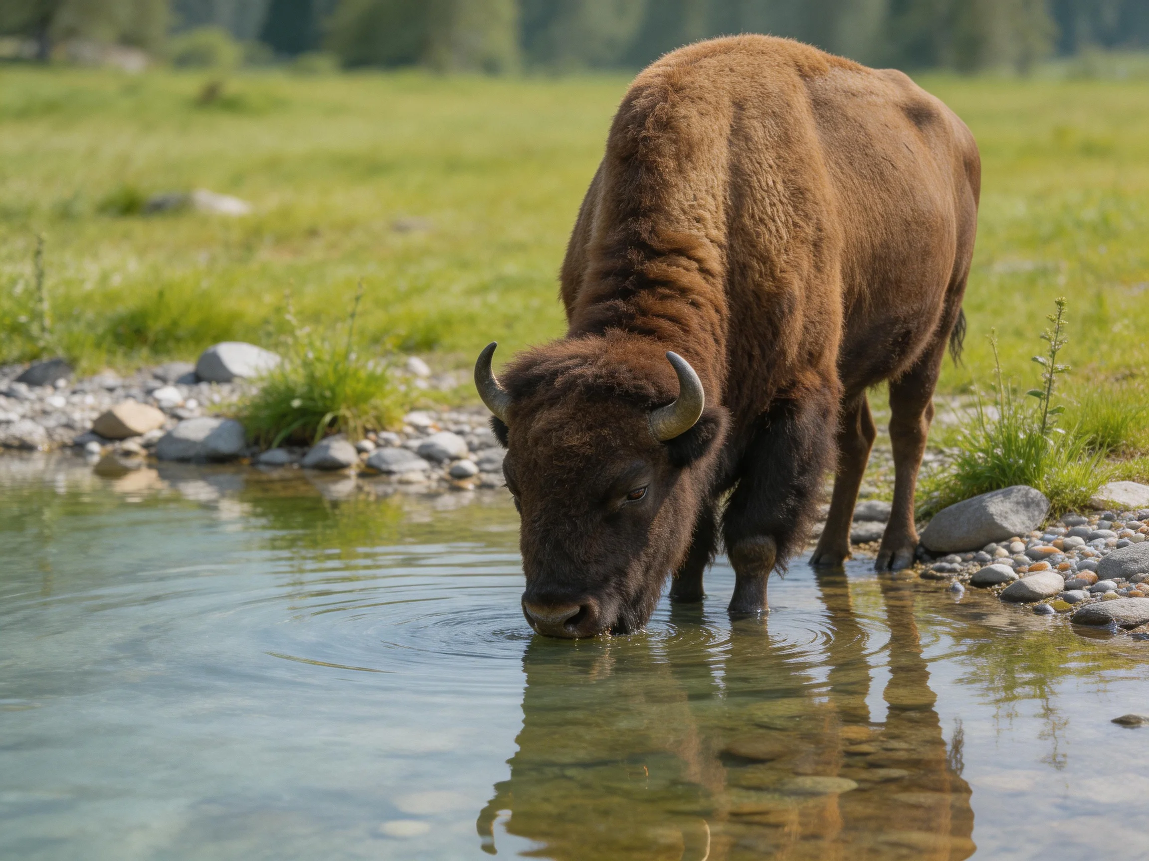 A brown bison drinks from a clear stream near rocky banks