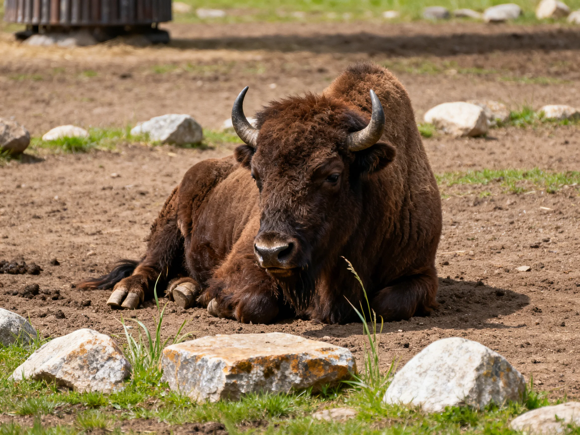 A brown bison resting near rocks on dusty terrain