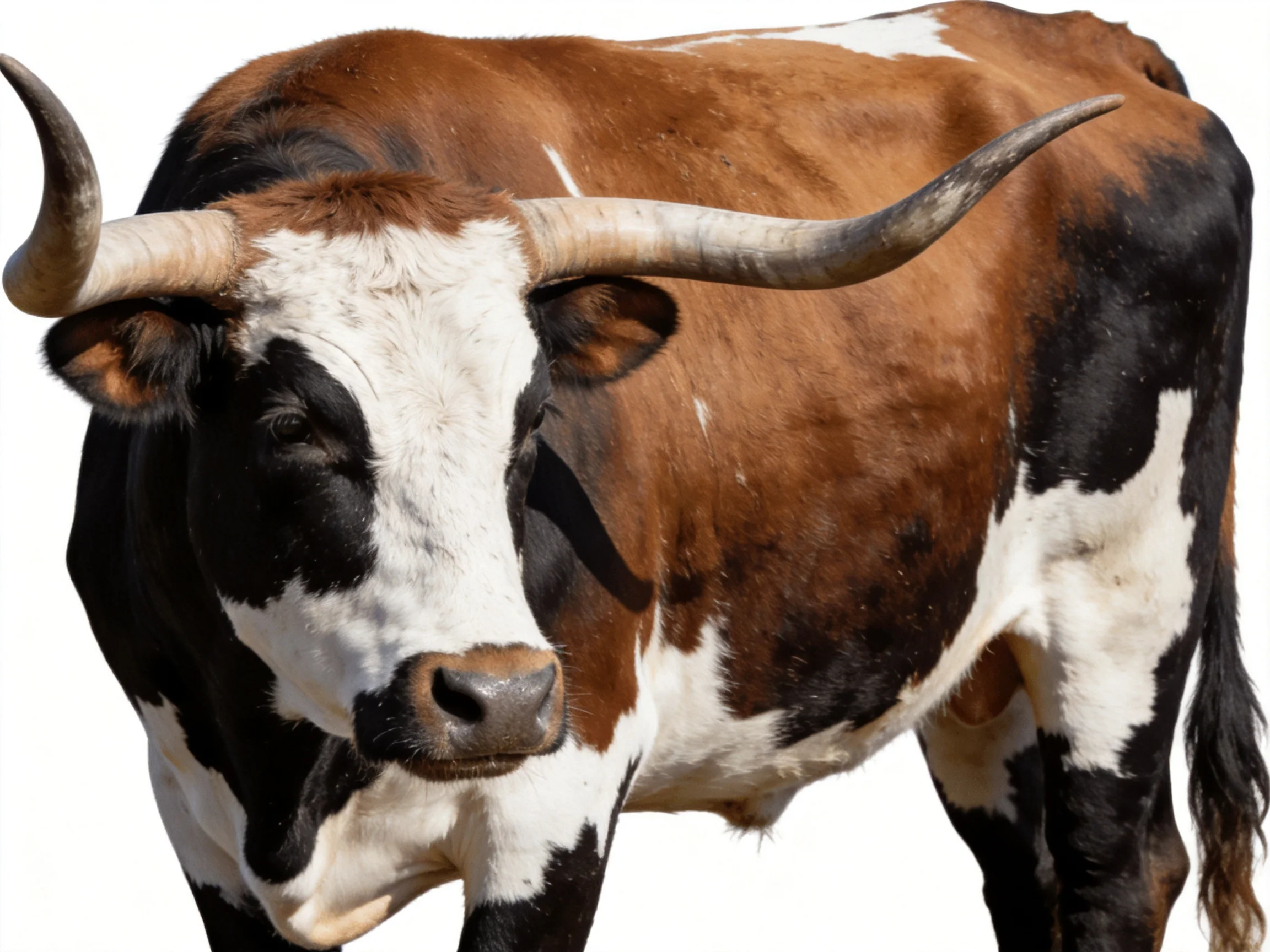 A brown, black, and white cow with large curved horns