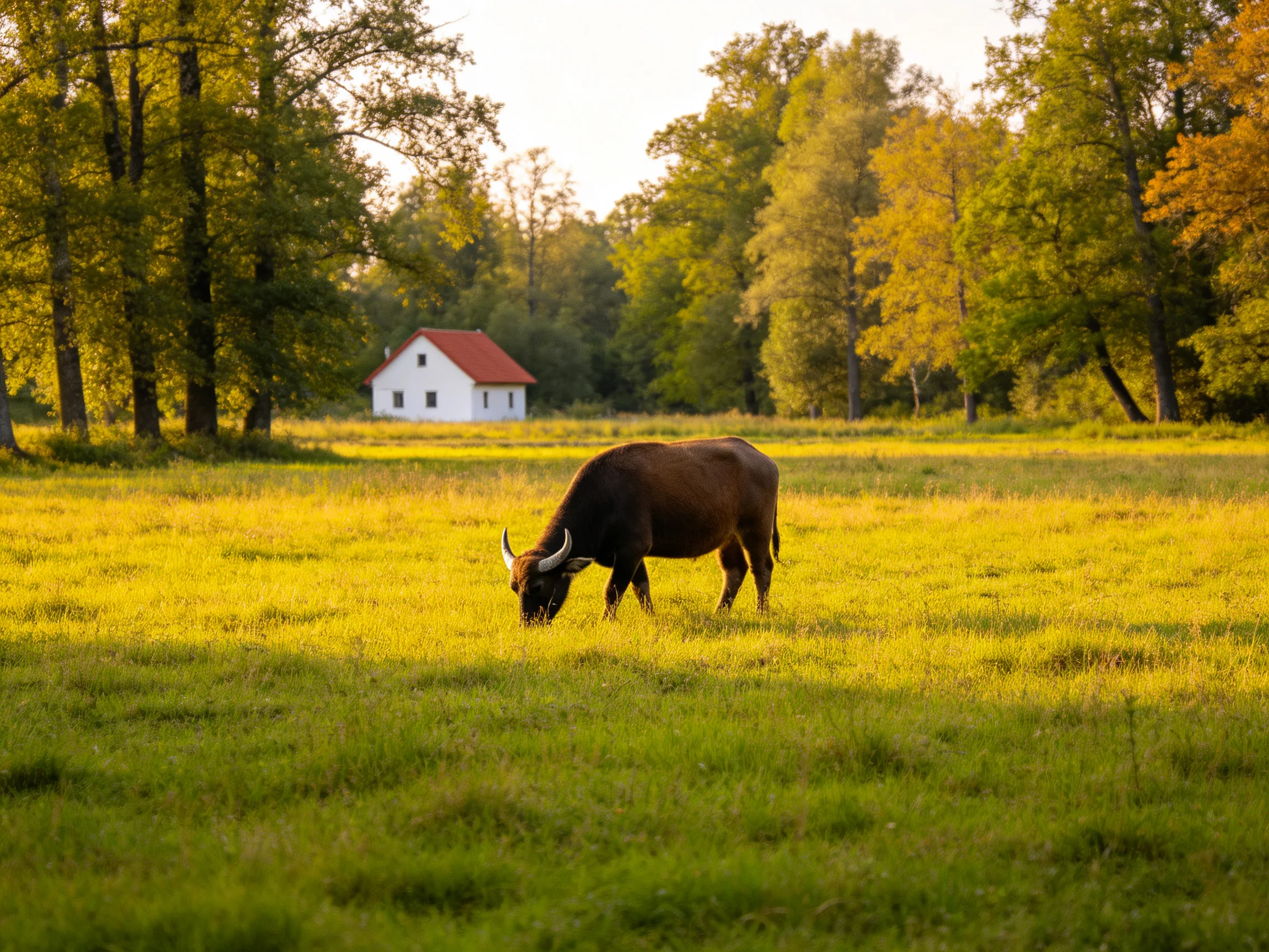 A brown bull grazes in a golden meadow near a white cottage