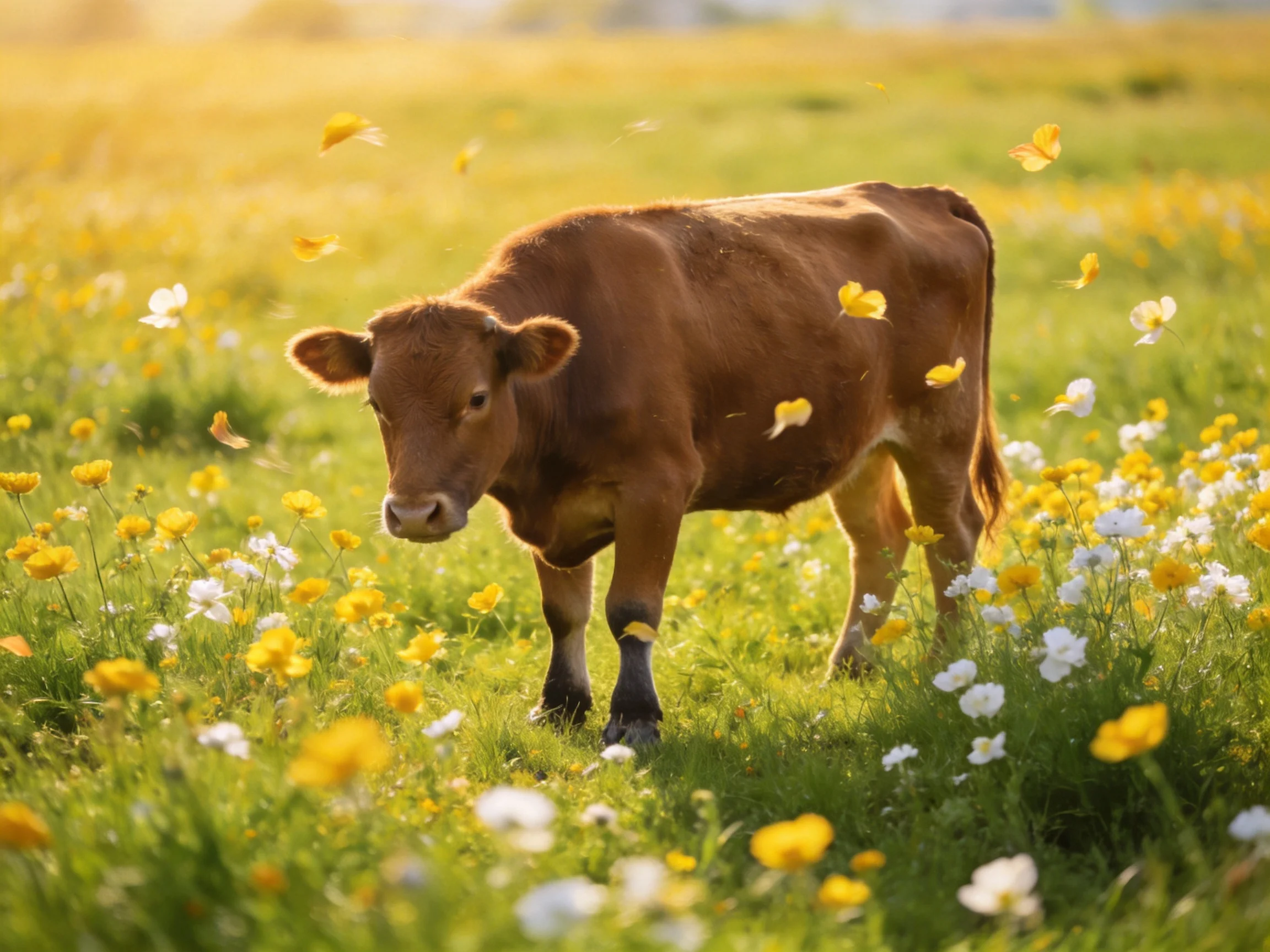 A brown calf amid colorful yellow and white wildflowers in a sunlit meadow