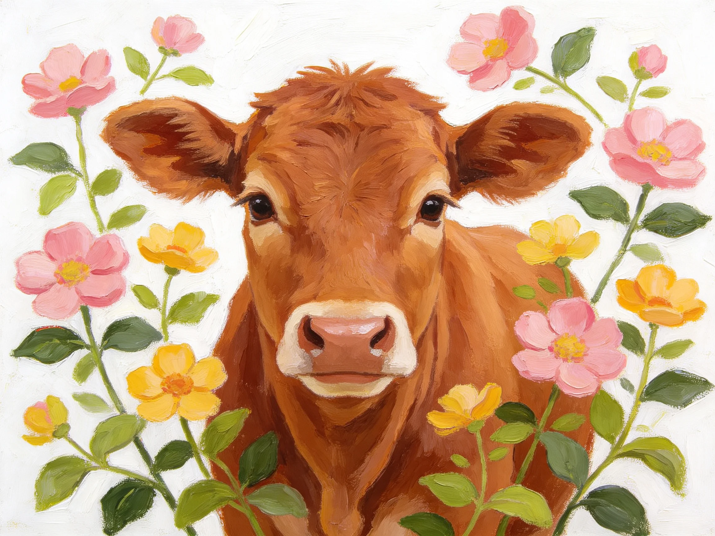 A brown calf amid pink and yellow flowers with green leaves