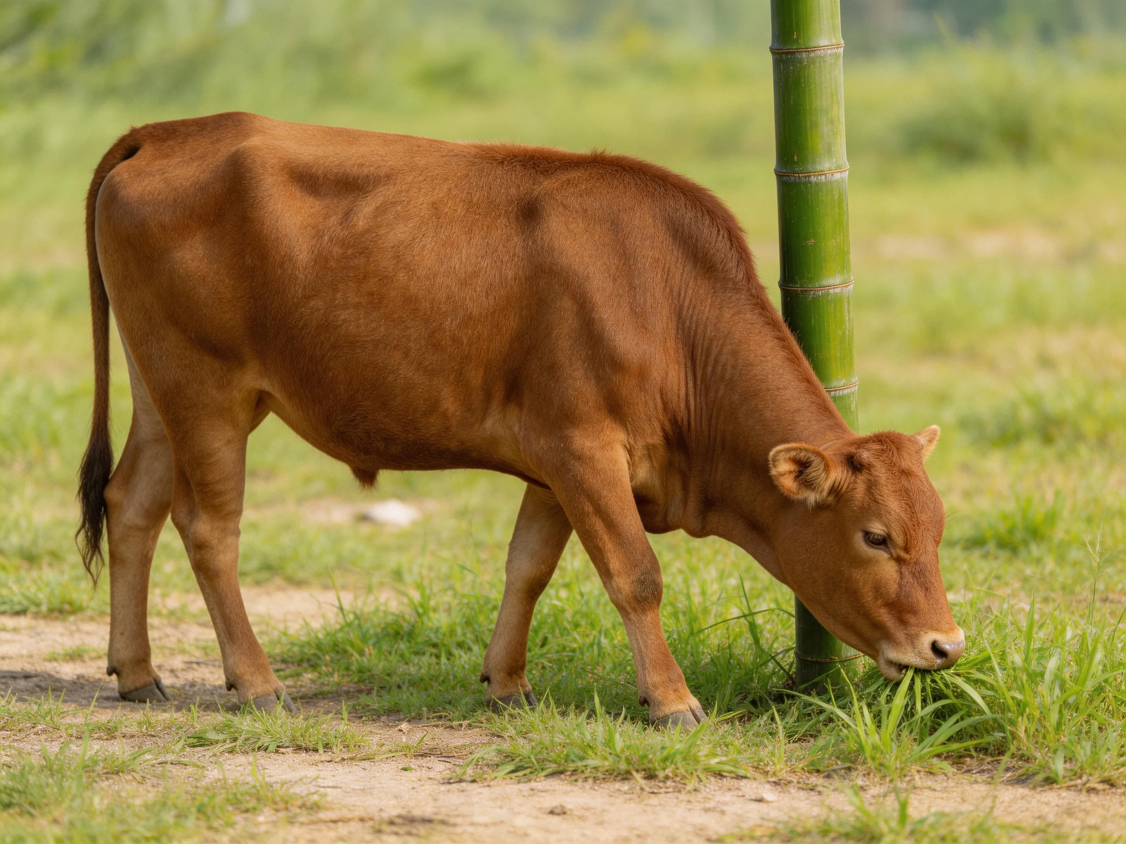 A brown calf grazing beside a green bamboo pole in a grassy field