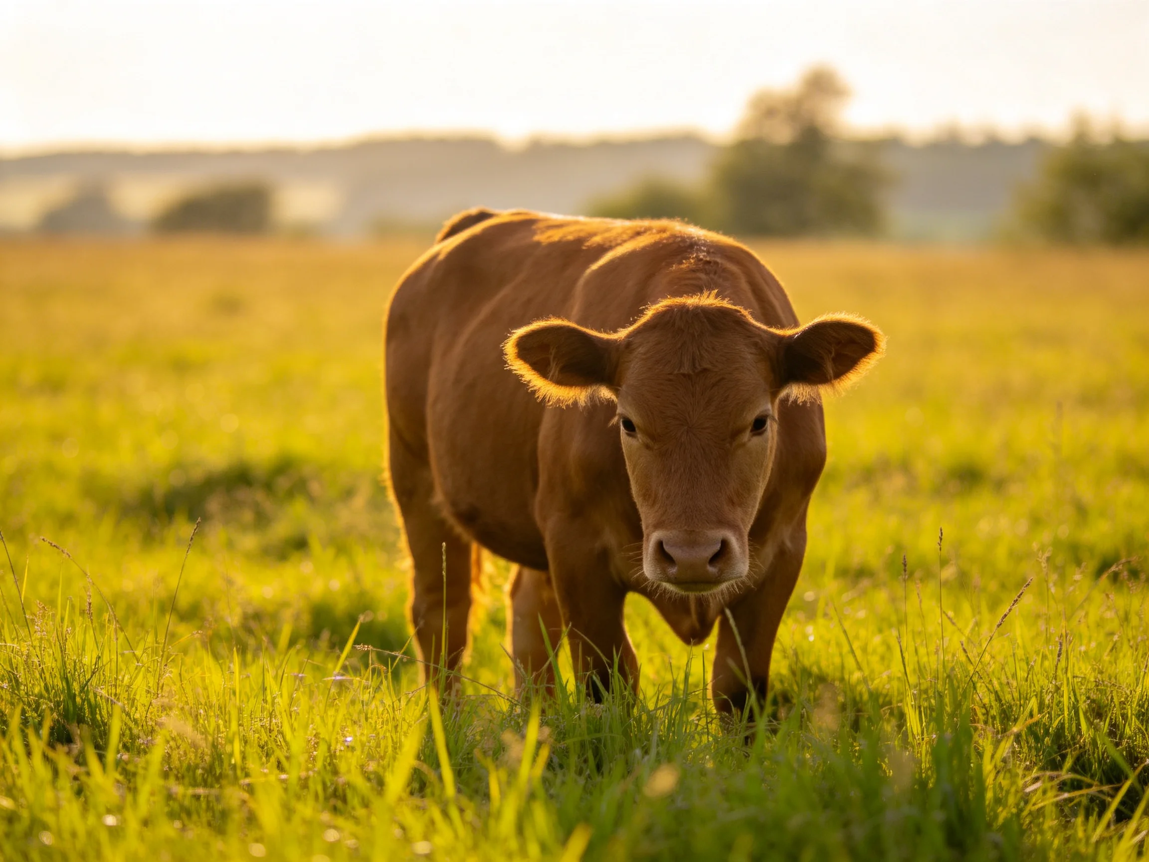 A brown calf in a sun-drenched green meadow