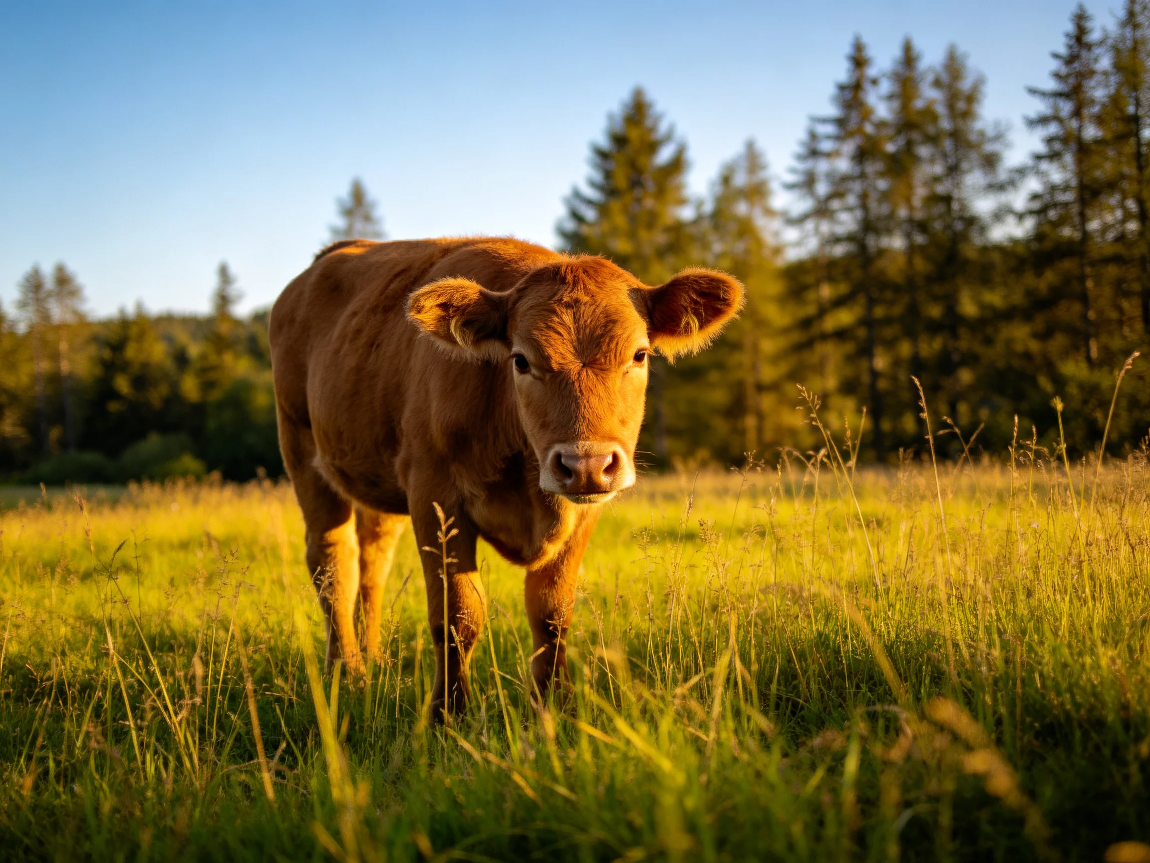 A brown calf in a sunlit green meadow near pine trees