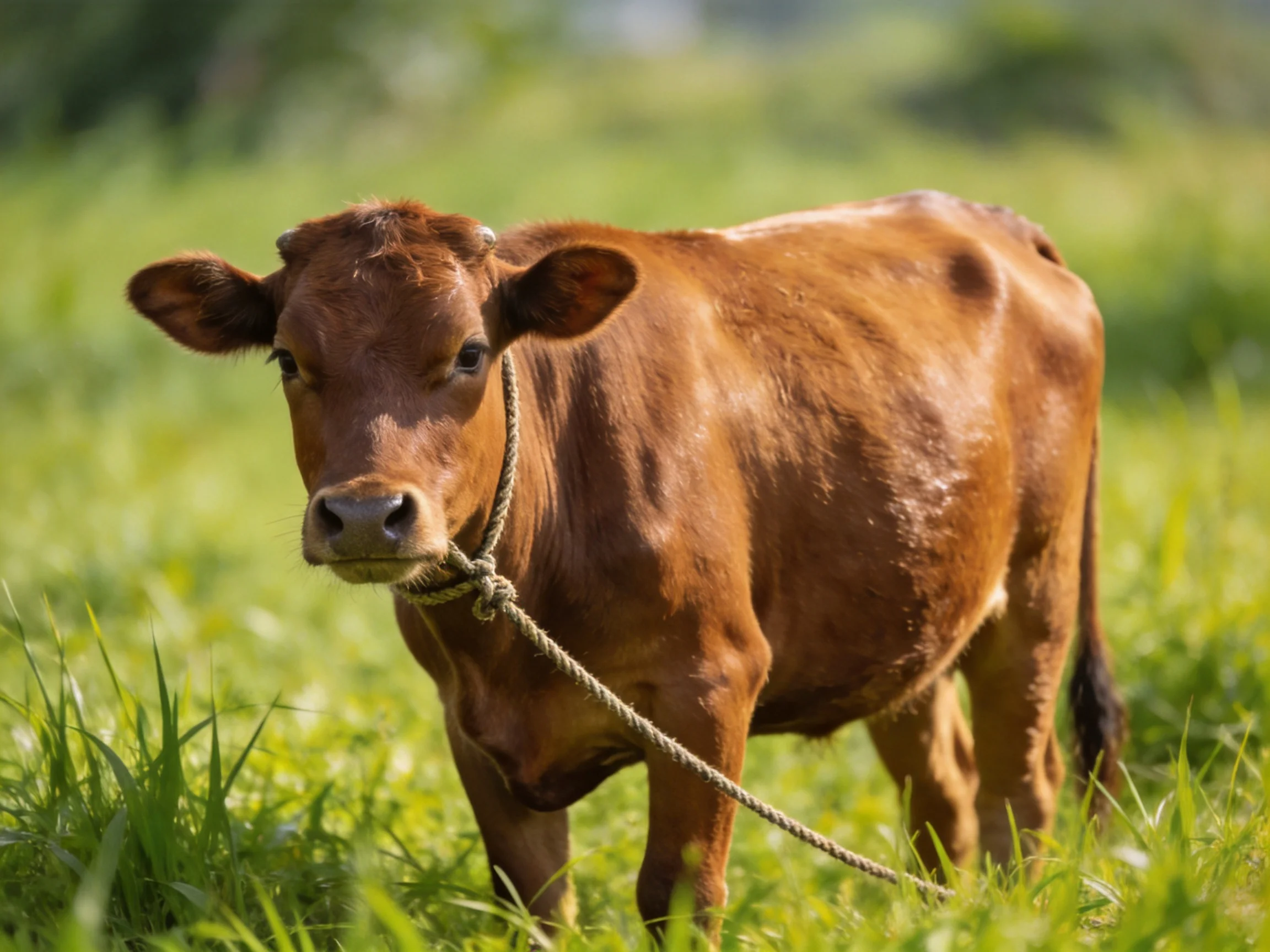 A brown calf in a sunlit green meadow with a rope around its neck