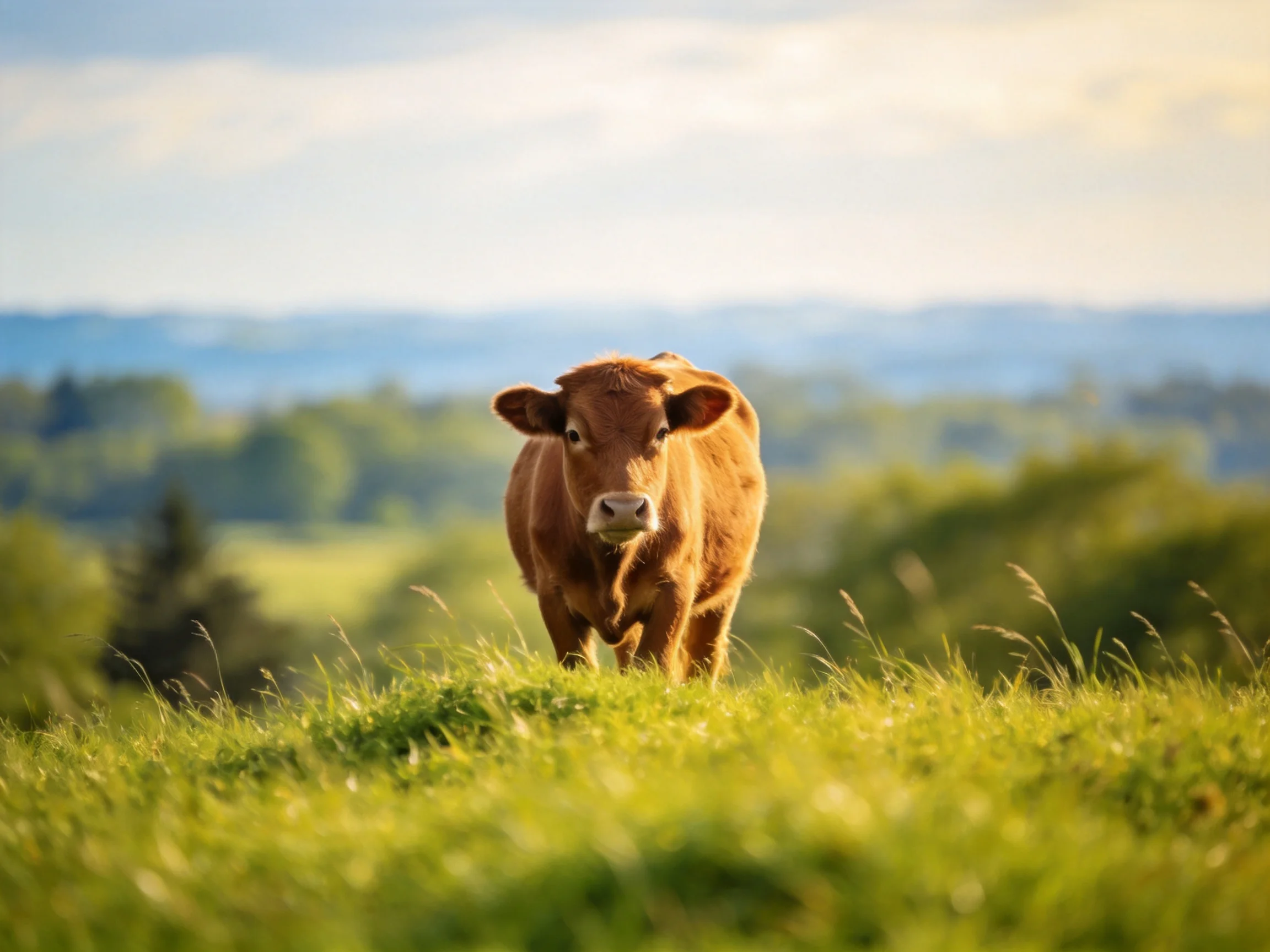 A brown calf stands in a sunlit meadow with blurred natural scenery.