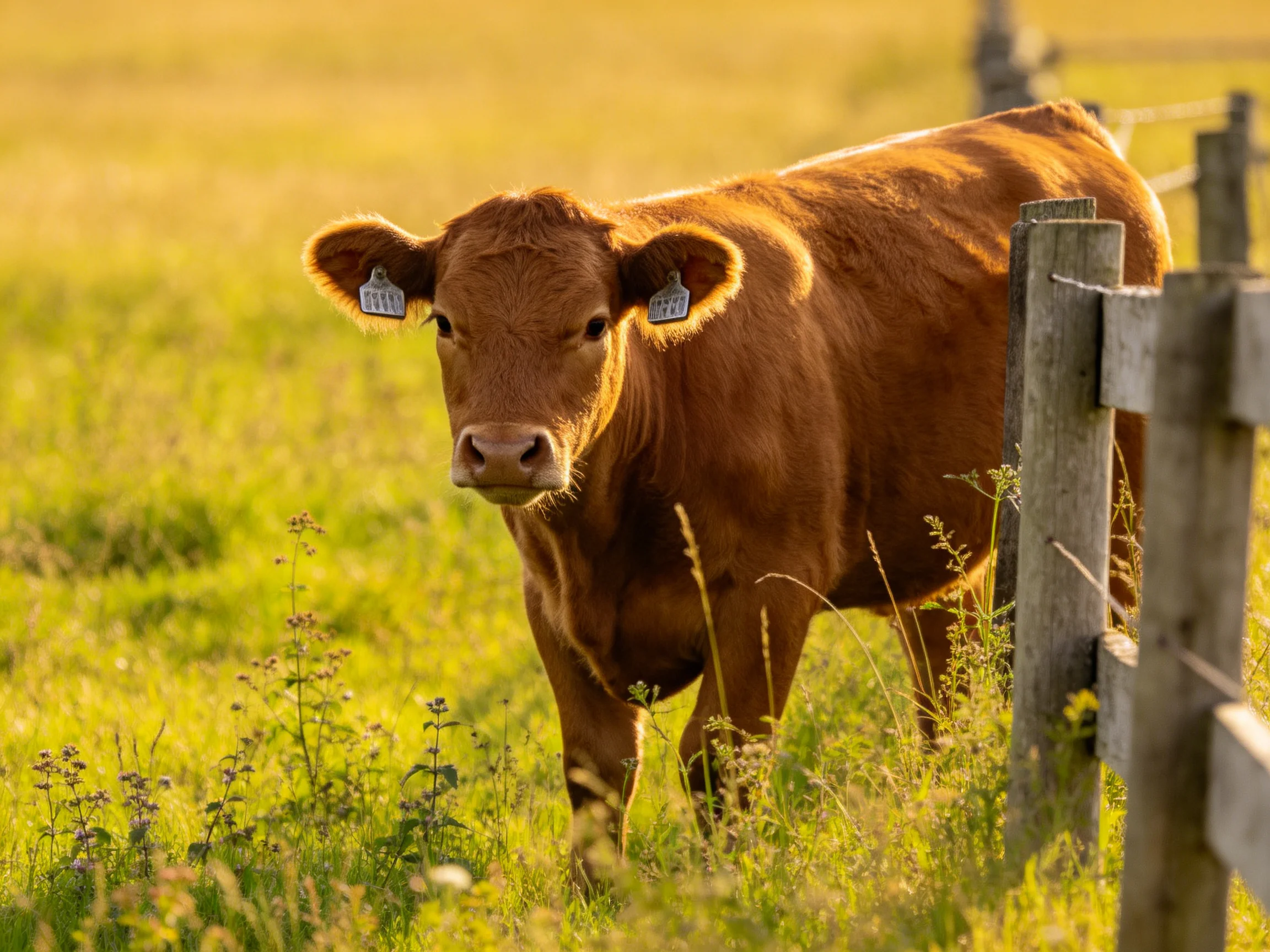 A brown calf in a sunlit green pasture near a wooden fence