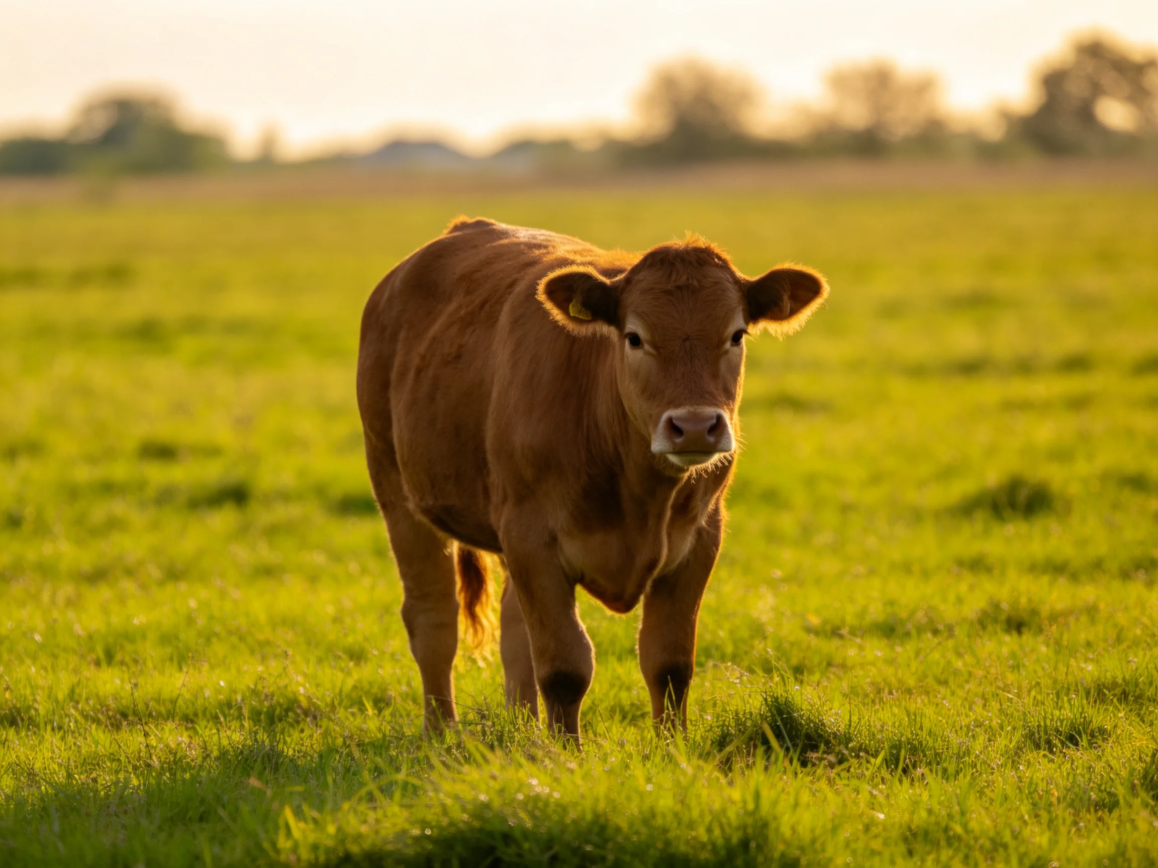 A brown calf in a sunlit green pasture with distant trees