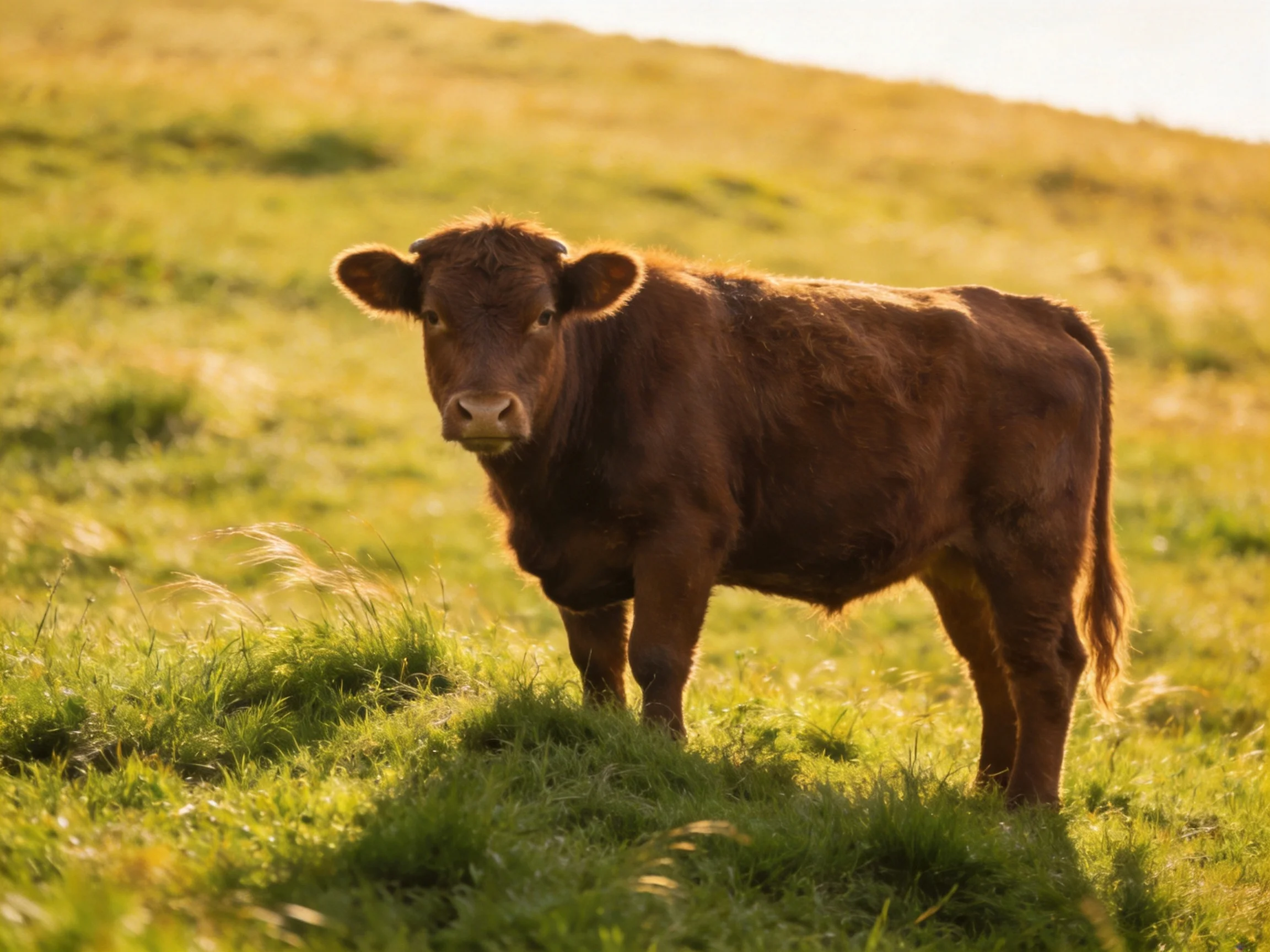 A brown calf in a sunlit green pasture with golden light