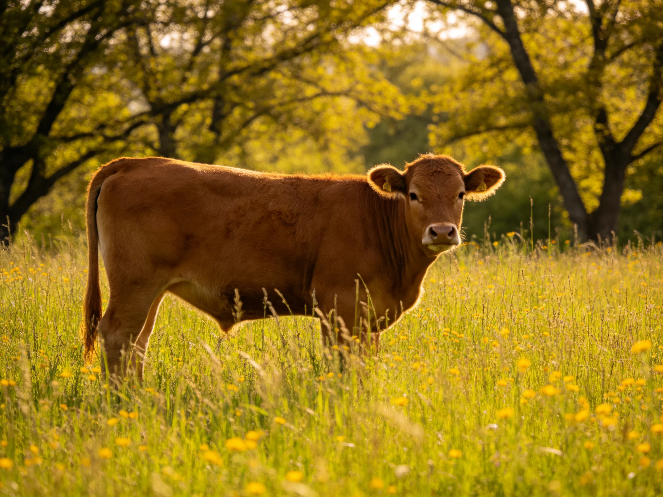A brown calf in a sunlit meadow with yellow wildflowers