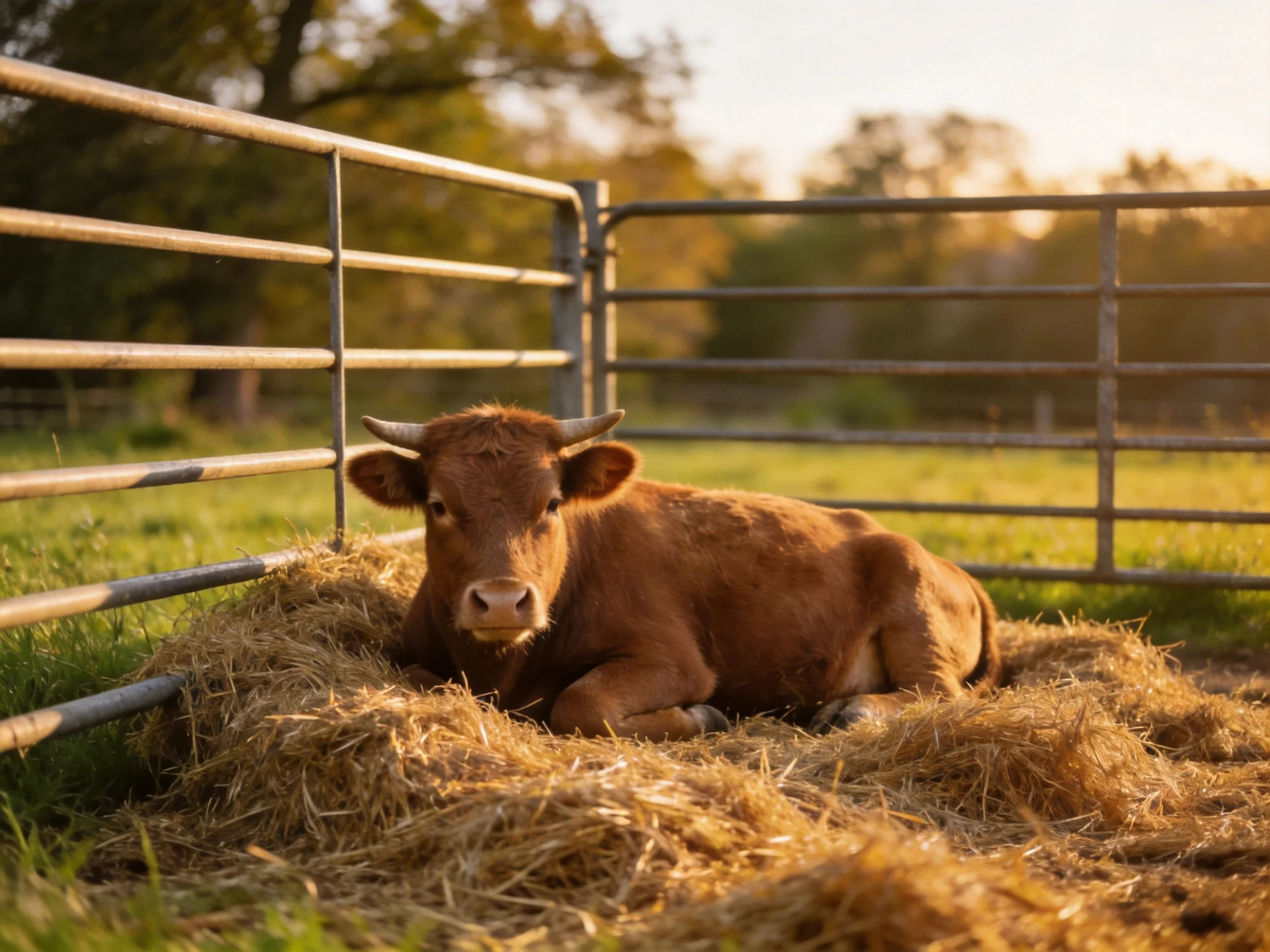 A brown calf lounges on golden straw beside silver fencing
