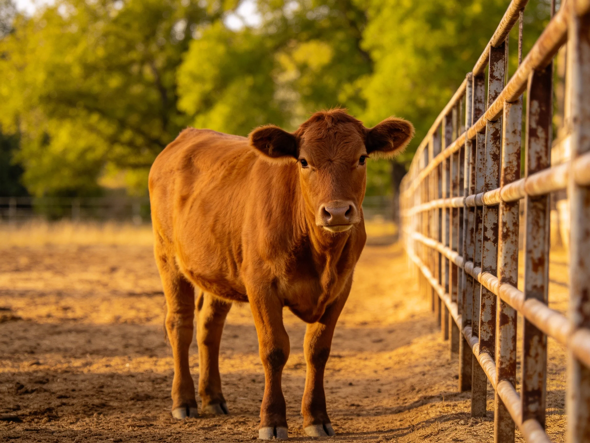 A brown calf near a weathered metal fence in golden light
