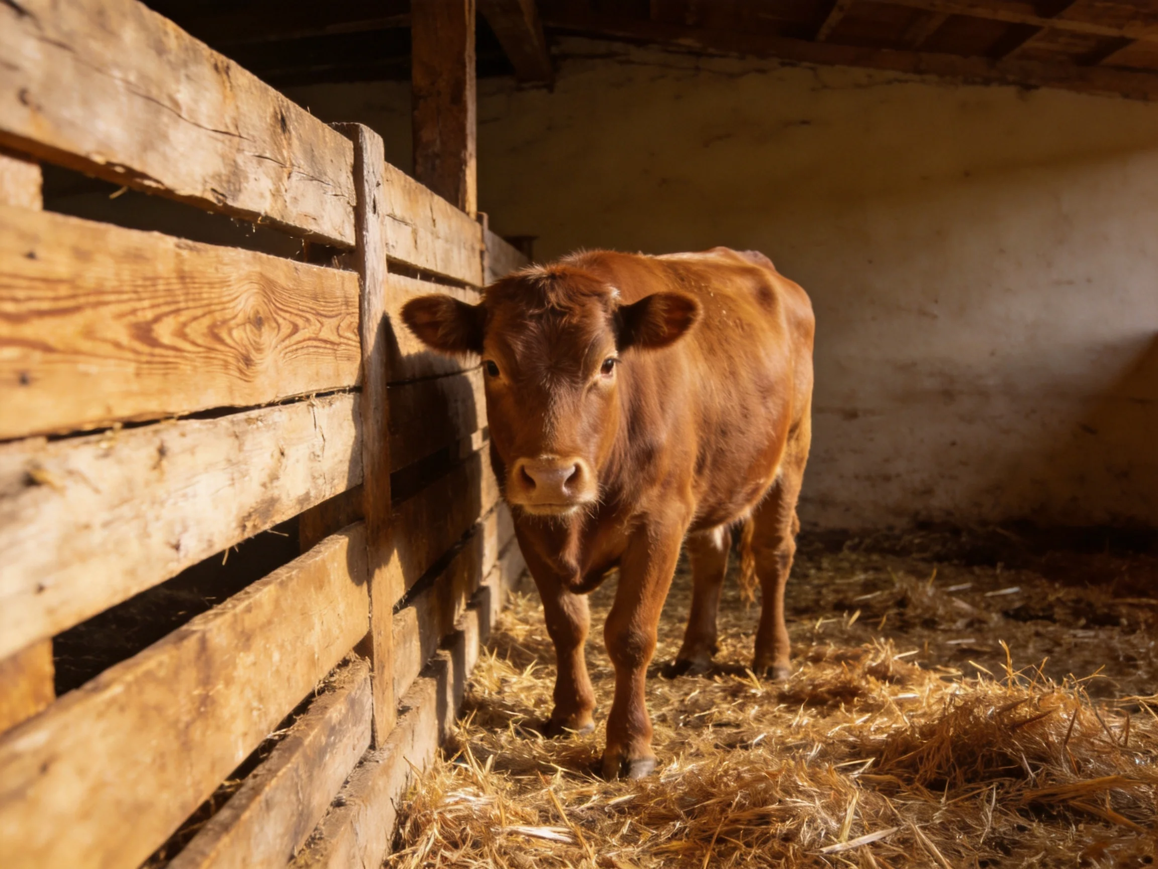A brown calf near a weathered wooden fence in a straw-filled barn