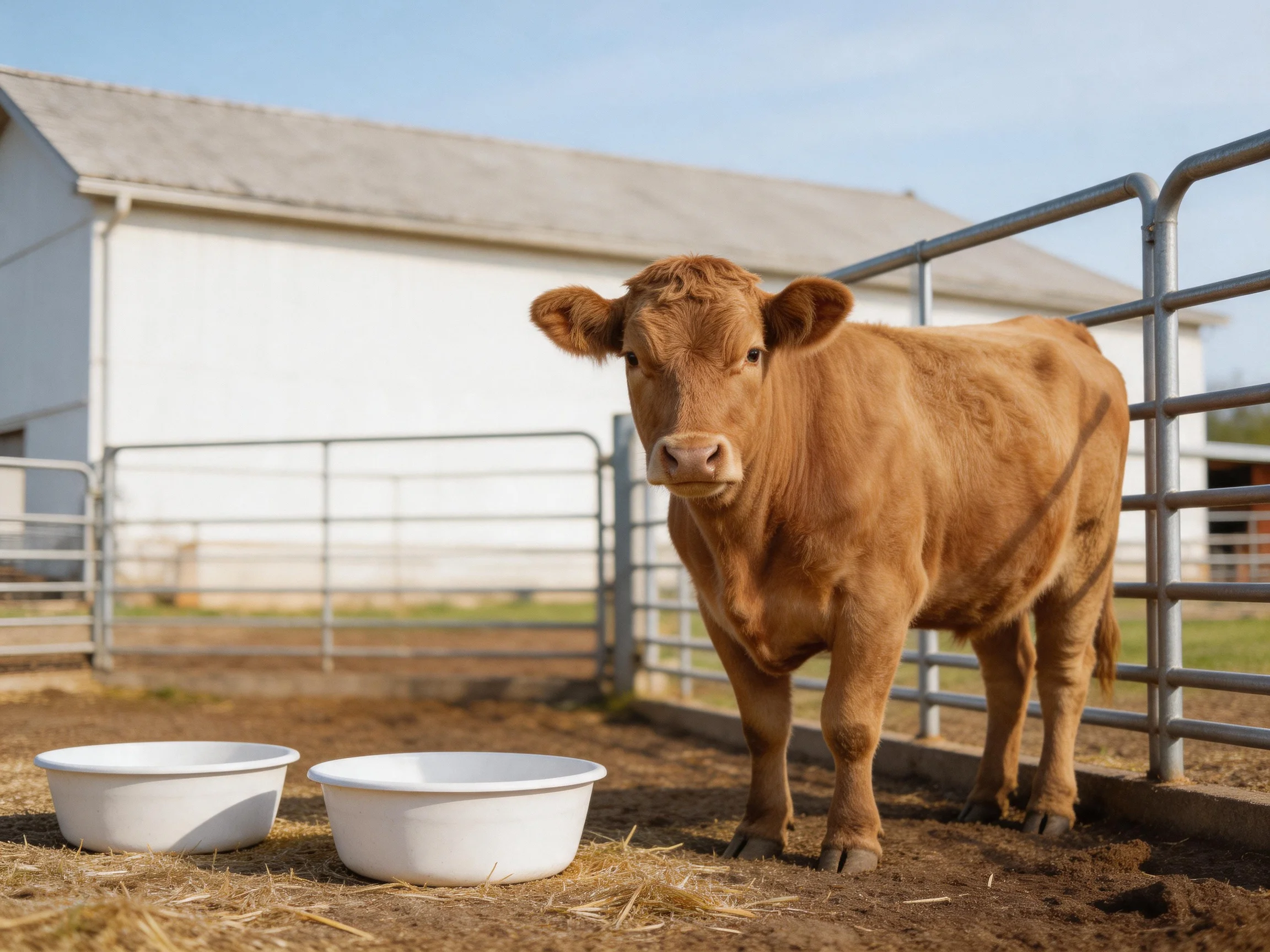 A brown calf near two white bowls by a metal fence