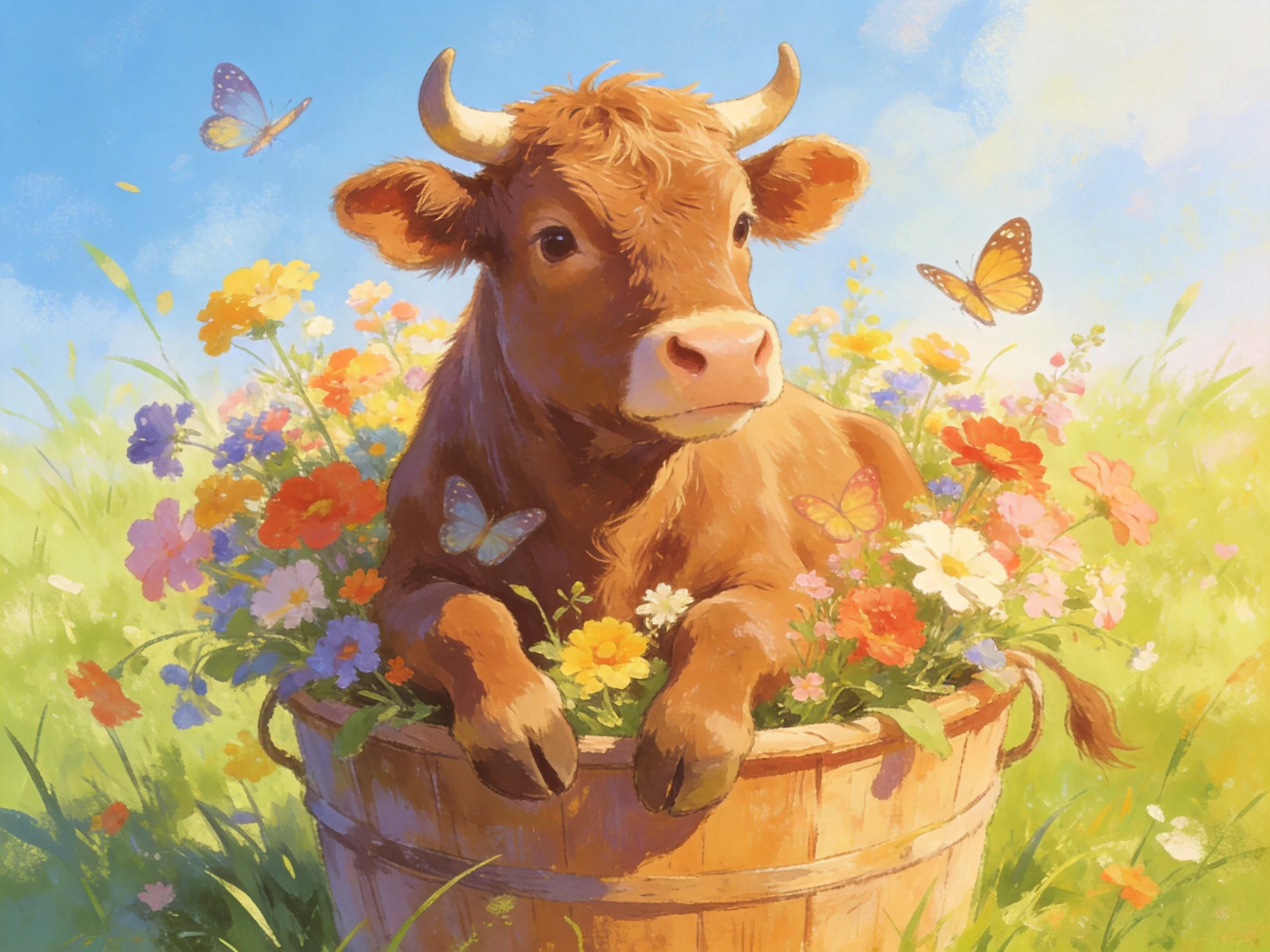 A brown calf nestled in a flower-filled wooden bucket with colorful blooms