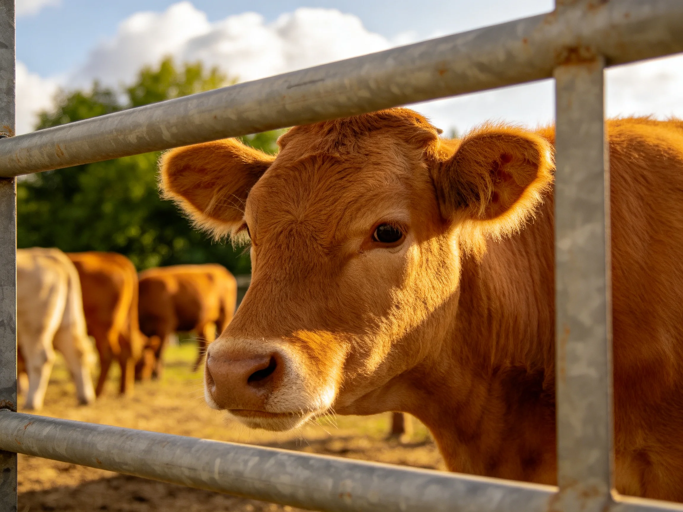 A brown calf peers through a metal fence with other cattle nearby