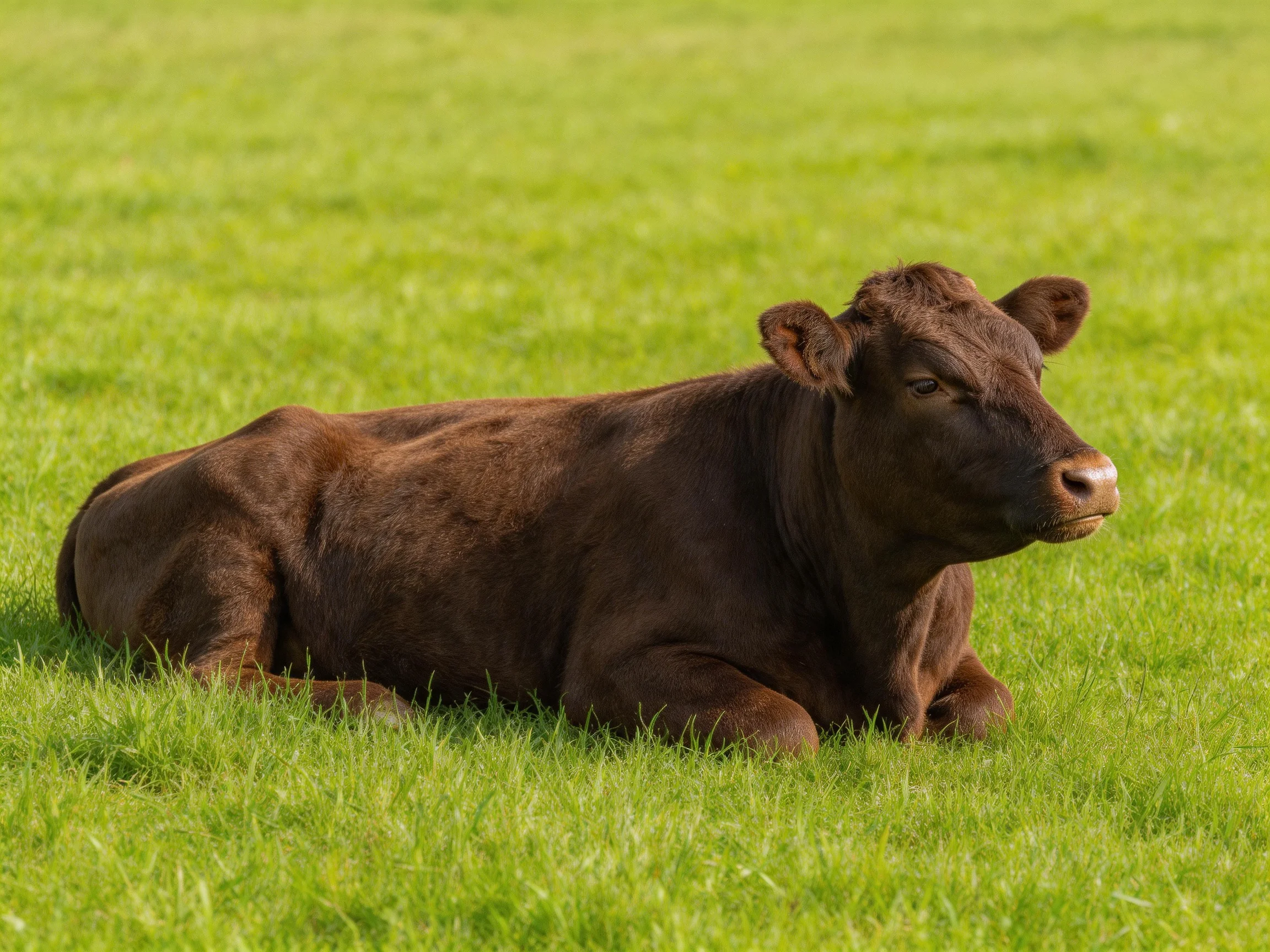A brown calf reclines on lush green pasture grass