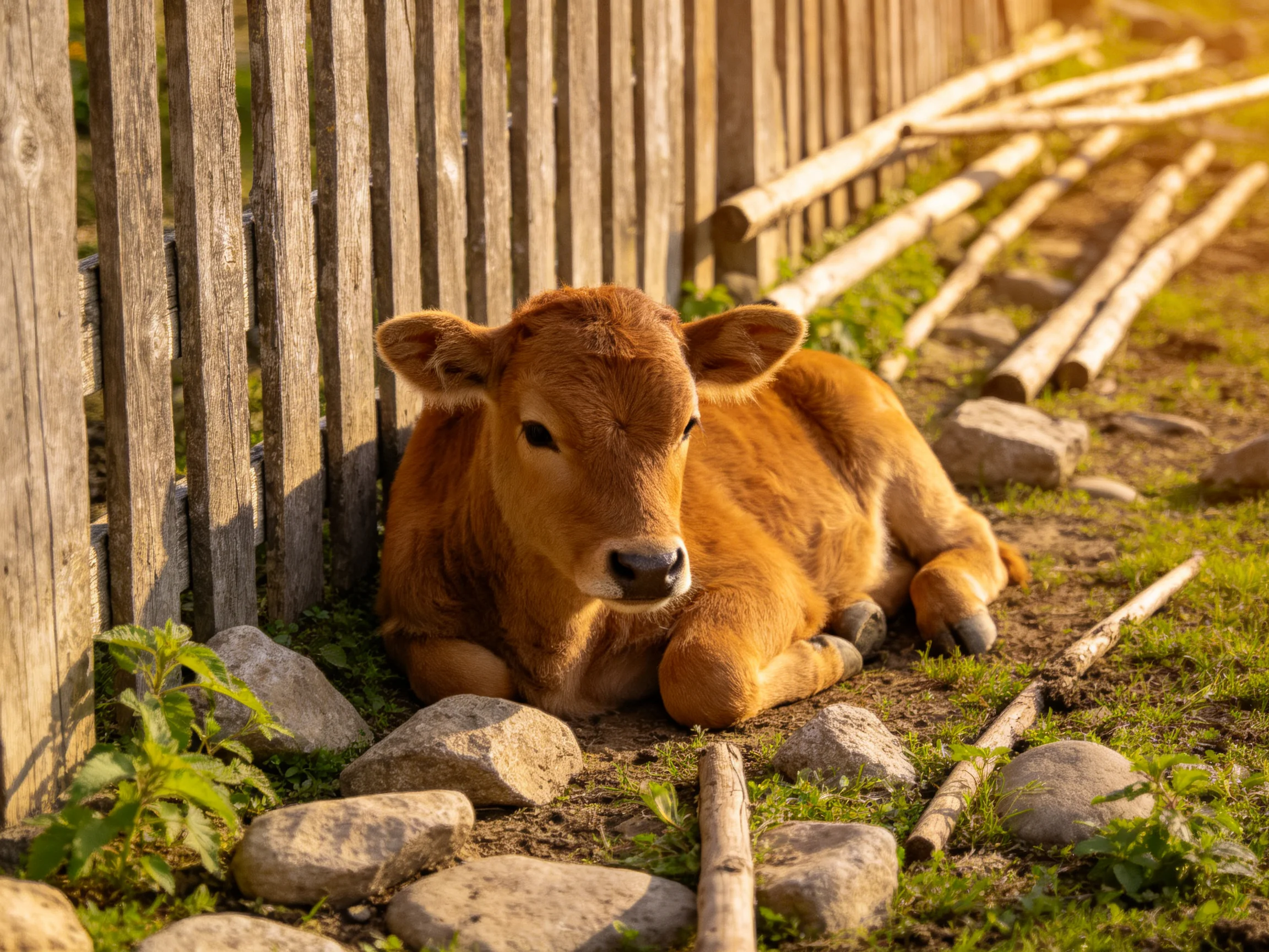 A brown calf resting by an aged wooden fence with scattered stones