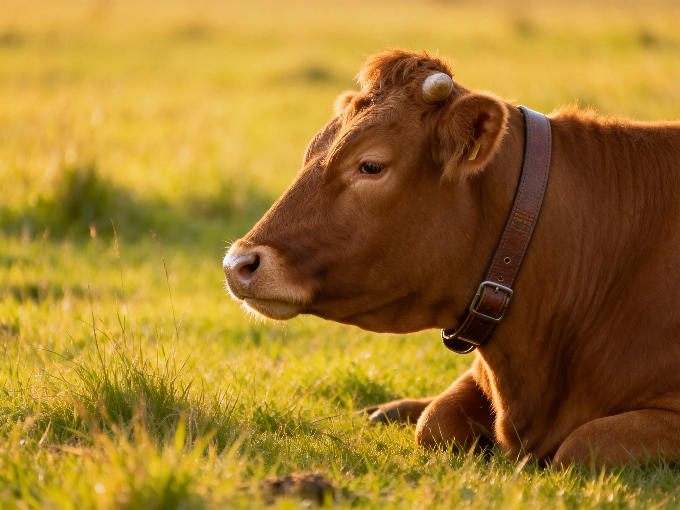A brown calf resting in a sunlit green meadow with a leather collar