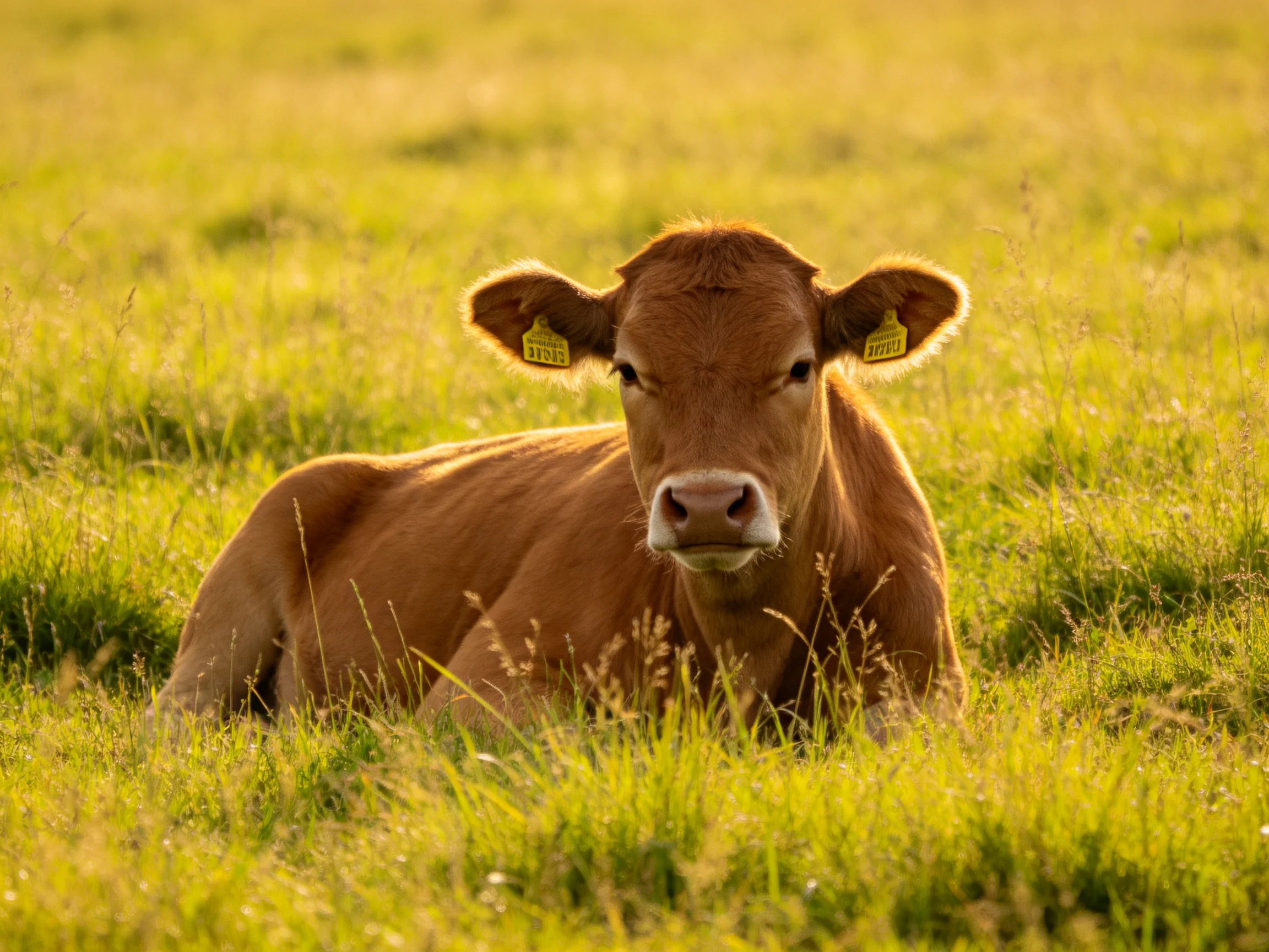 A brown calf resting in a sunlit green pasture