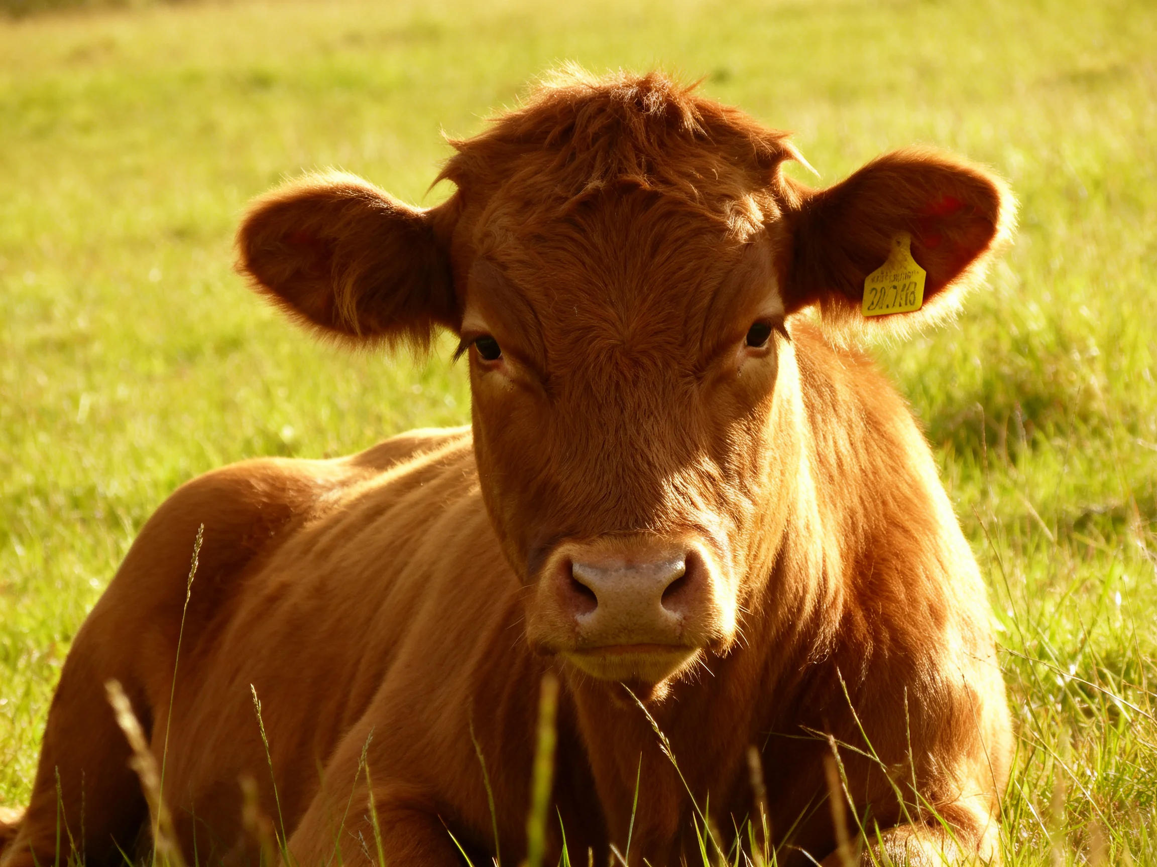 A brown calf resting in a sunlit green pasture