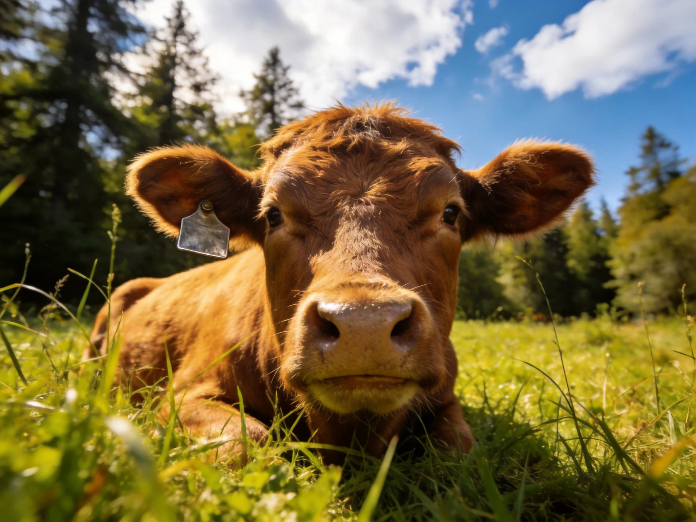A brown calf resting in lush green grass near tall trees under bright blue sky