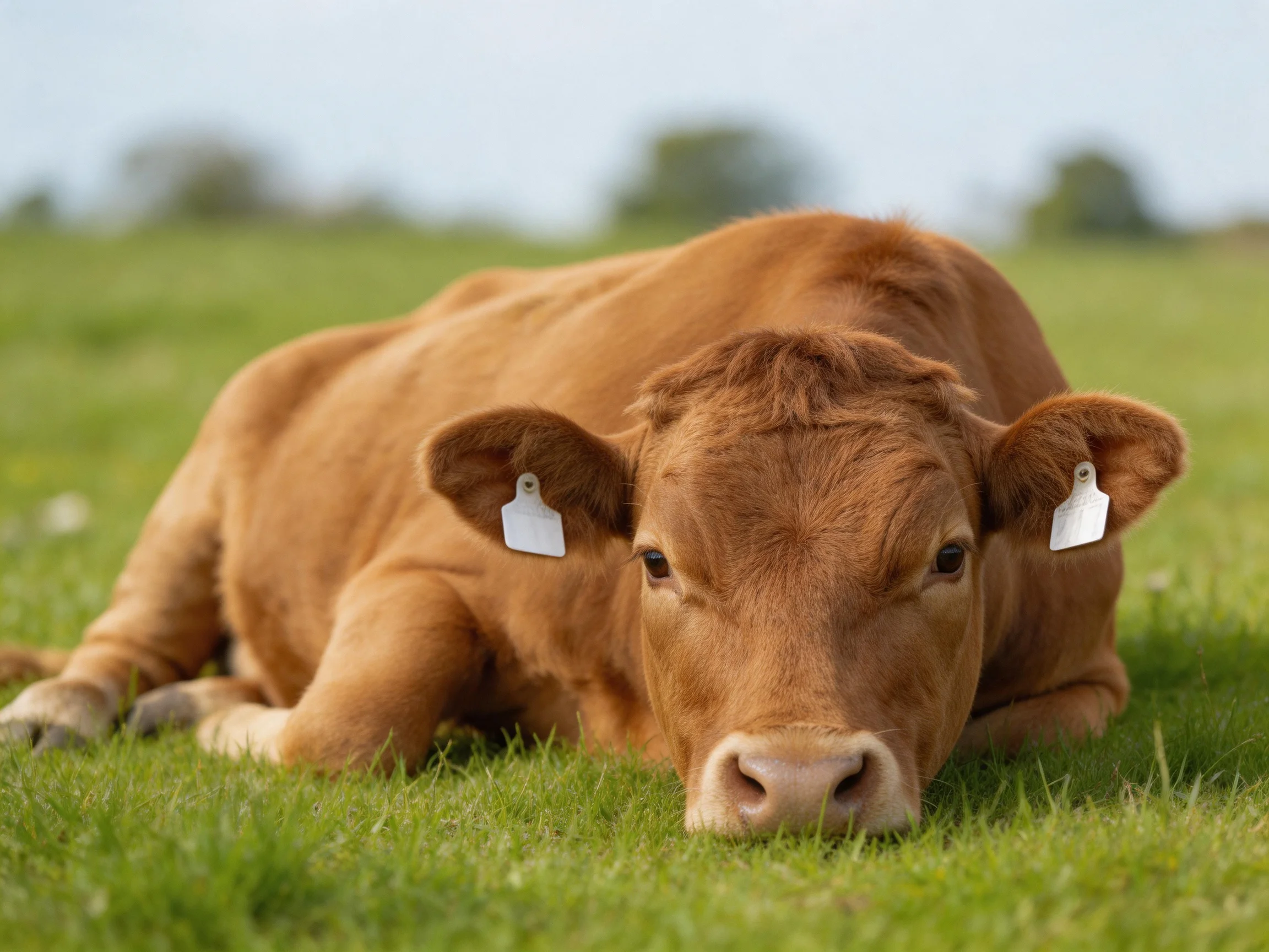 A brown calf resting on lush green pasture with ear tags