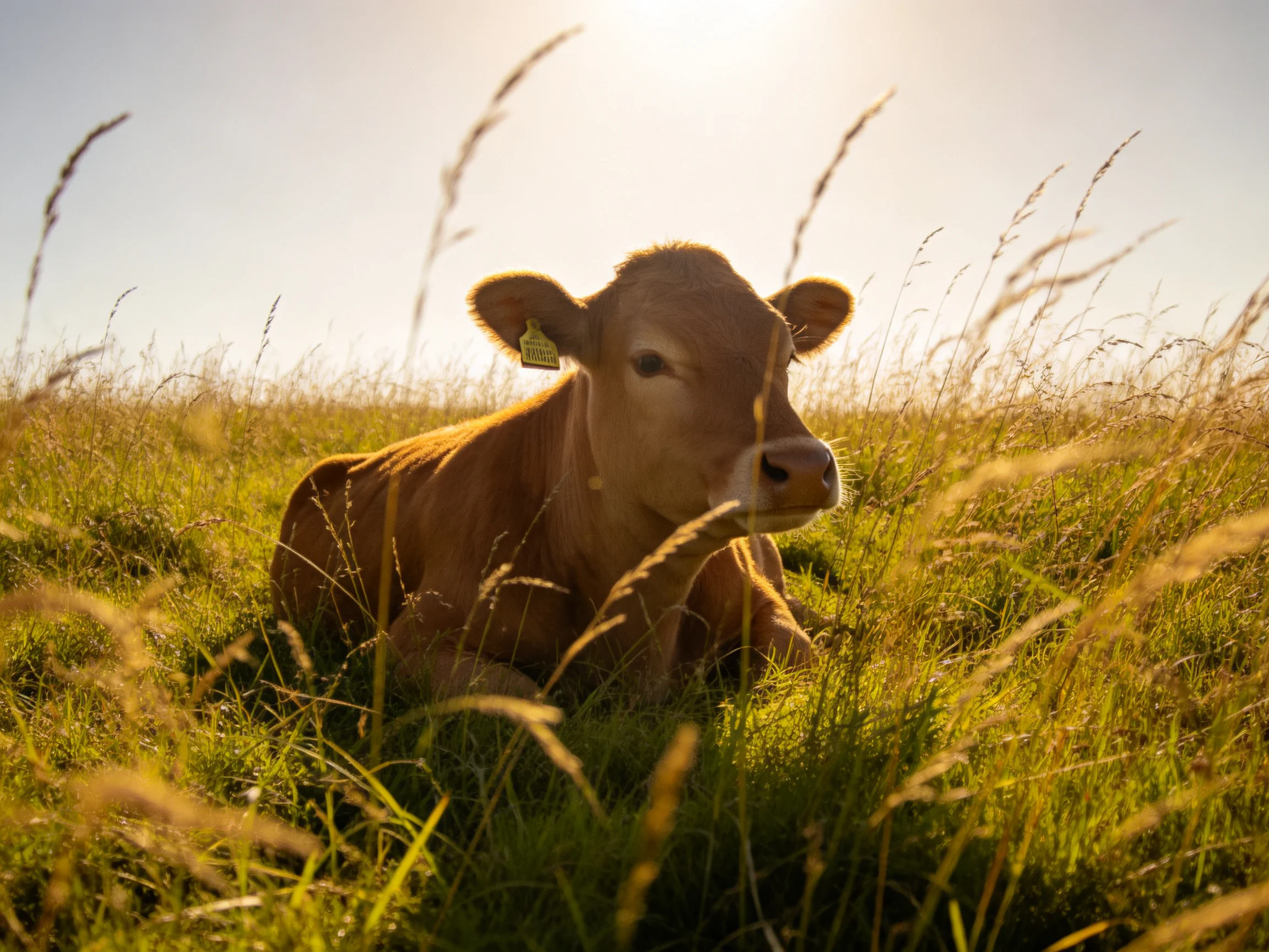 A brown calf rests amid tall golden grass under bright sunlight