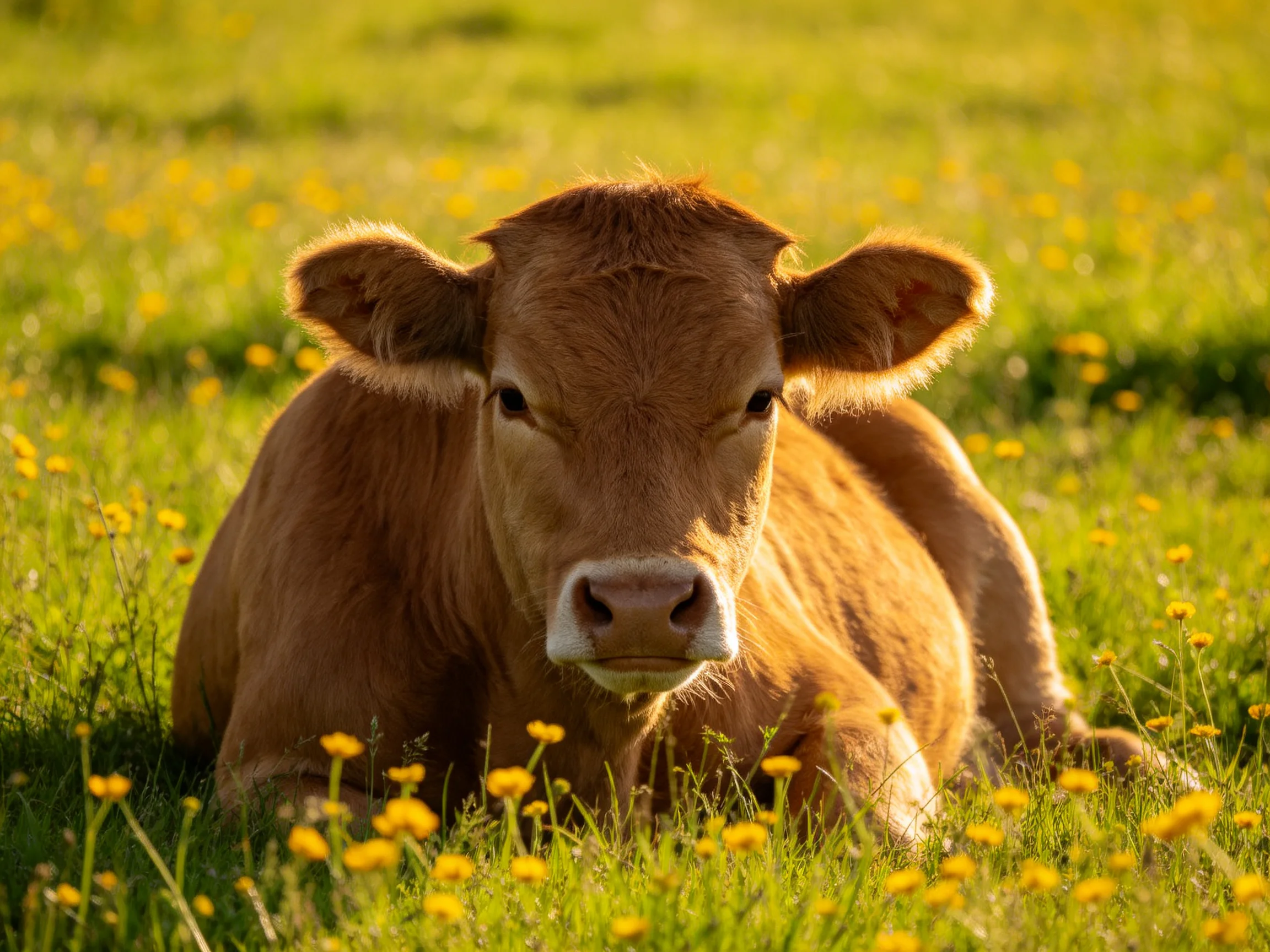 A brown calf rests amid yellow wildflowers in a sunlit meadow