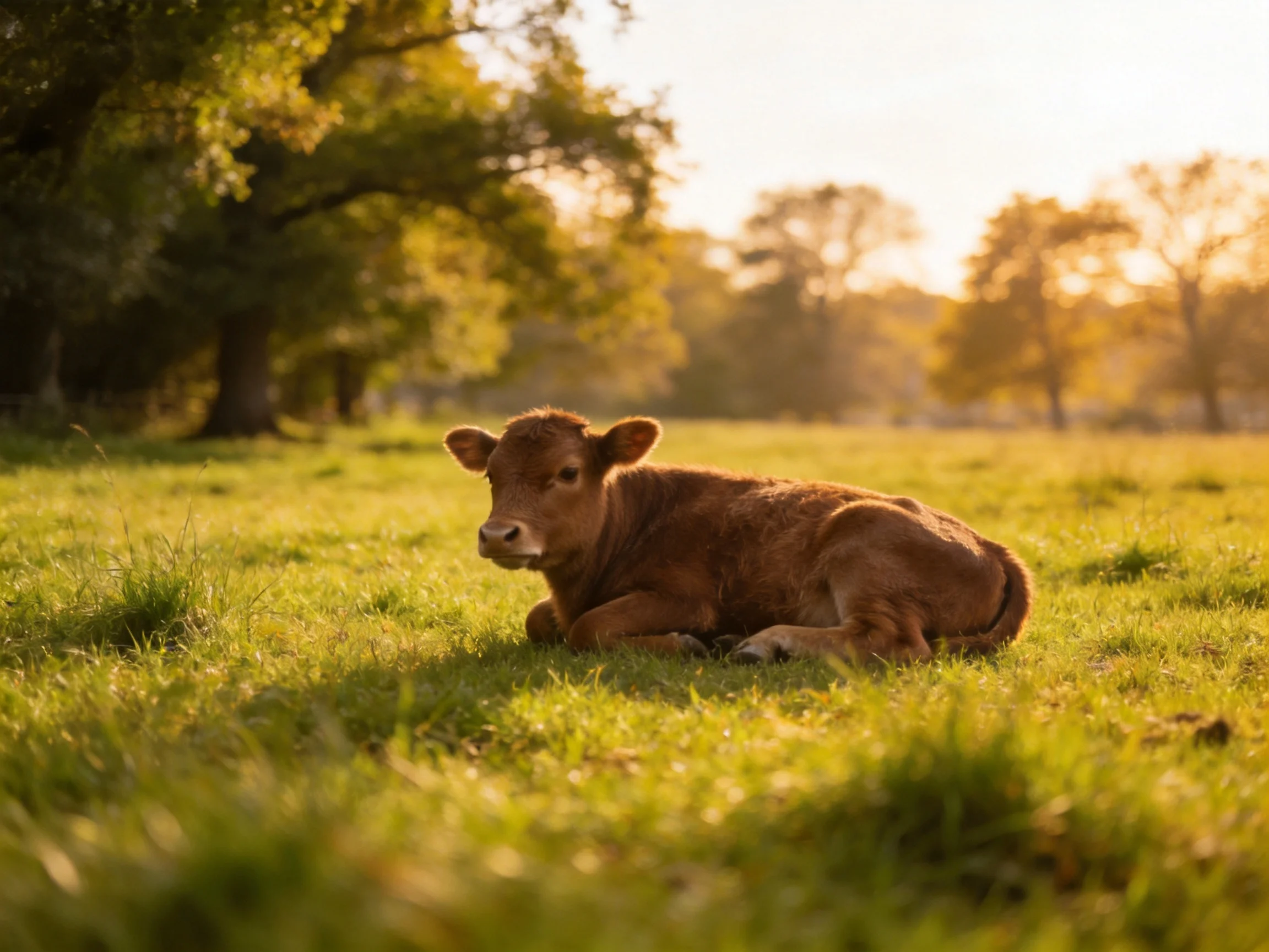 A brown calf rests in a sun-drenched green pasture near tall trees