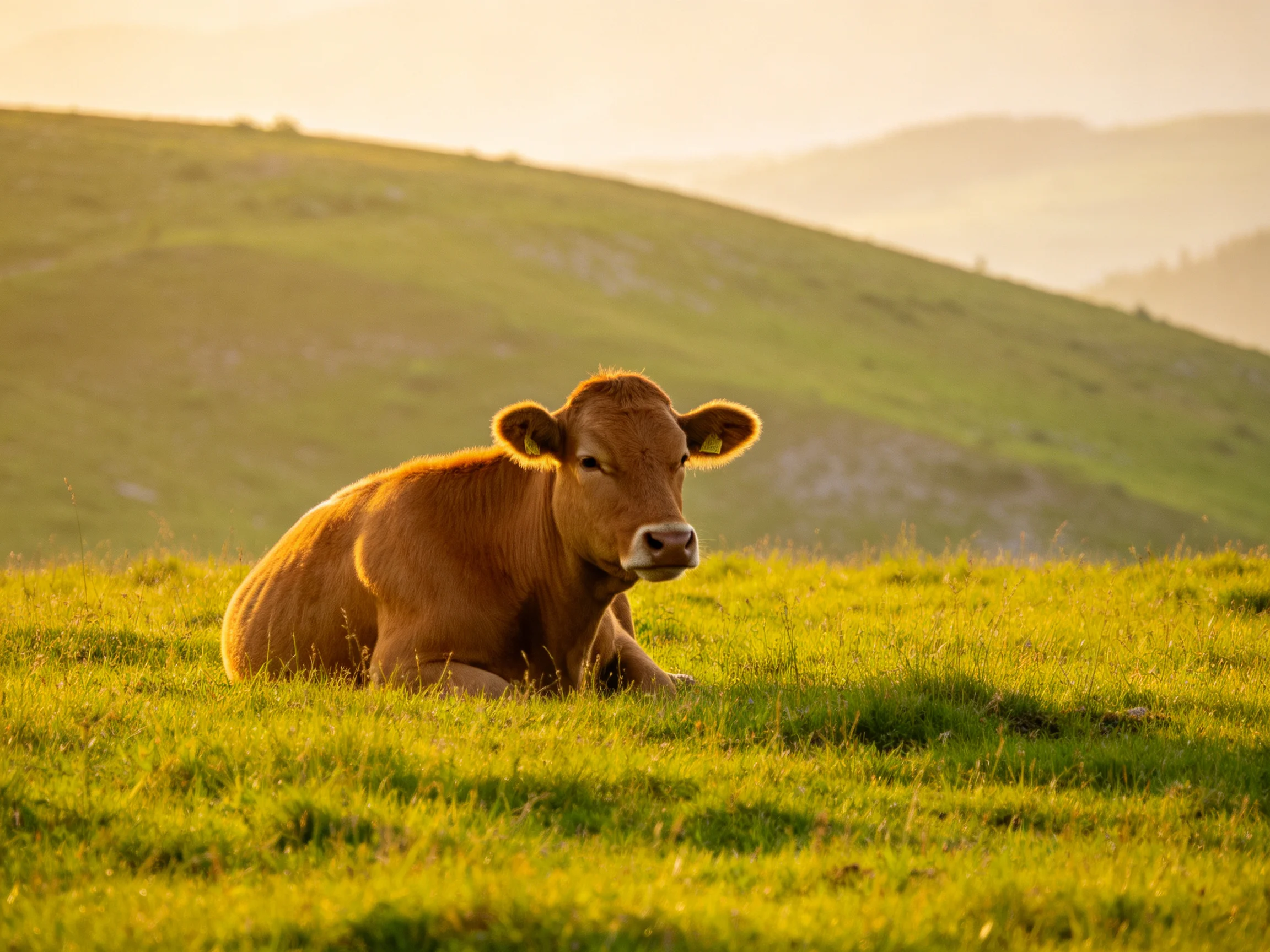 A brown calf rests in a sunlit green meadow with rolling hills