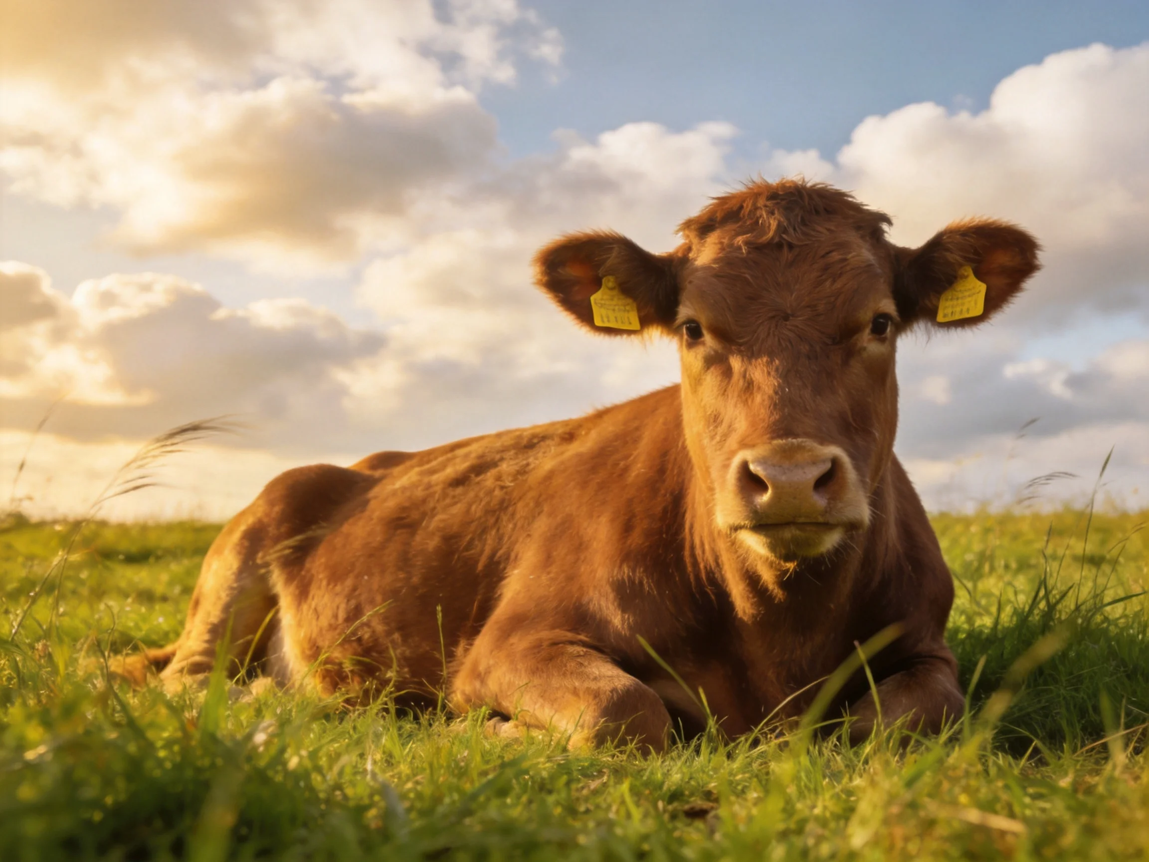 A brown calf rests in lush green grass under a partly cloudy sky