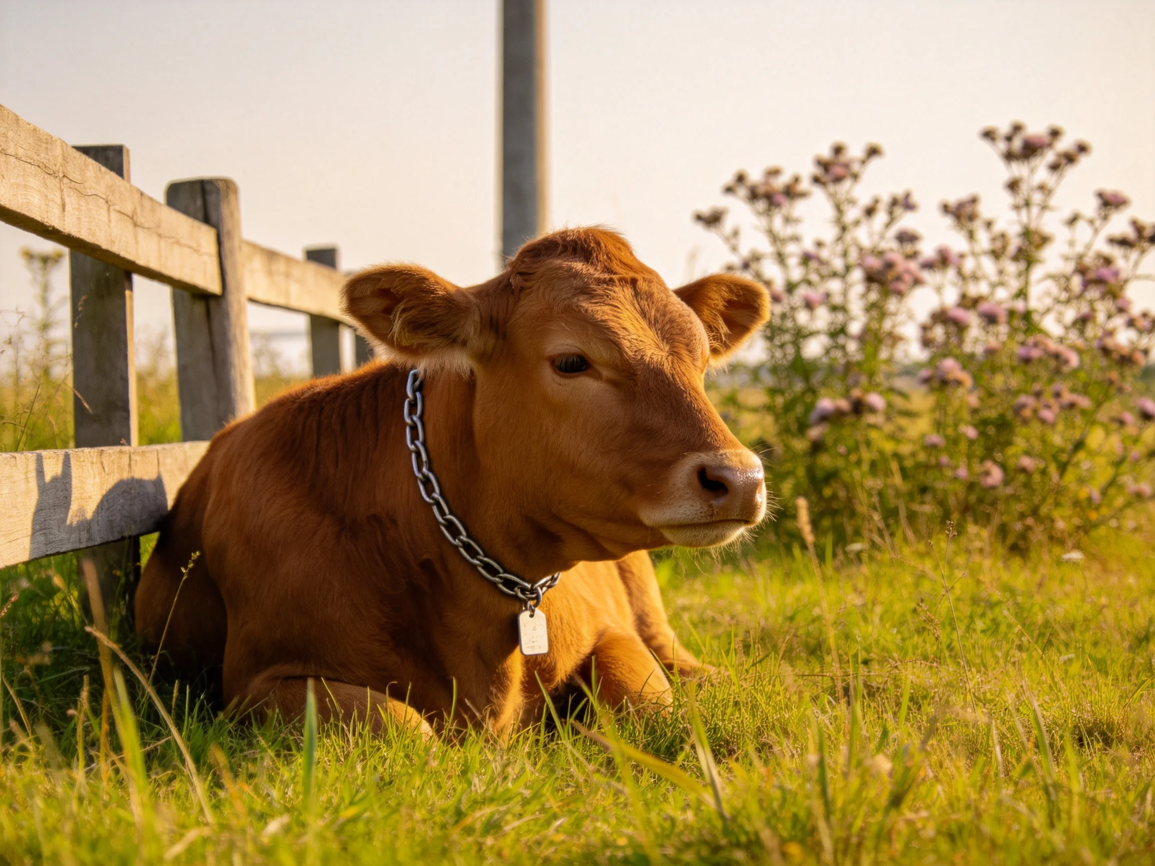A brown calf relaxes near a wooden fence in a grassy field.