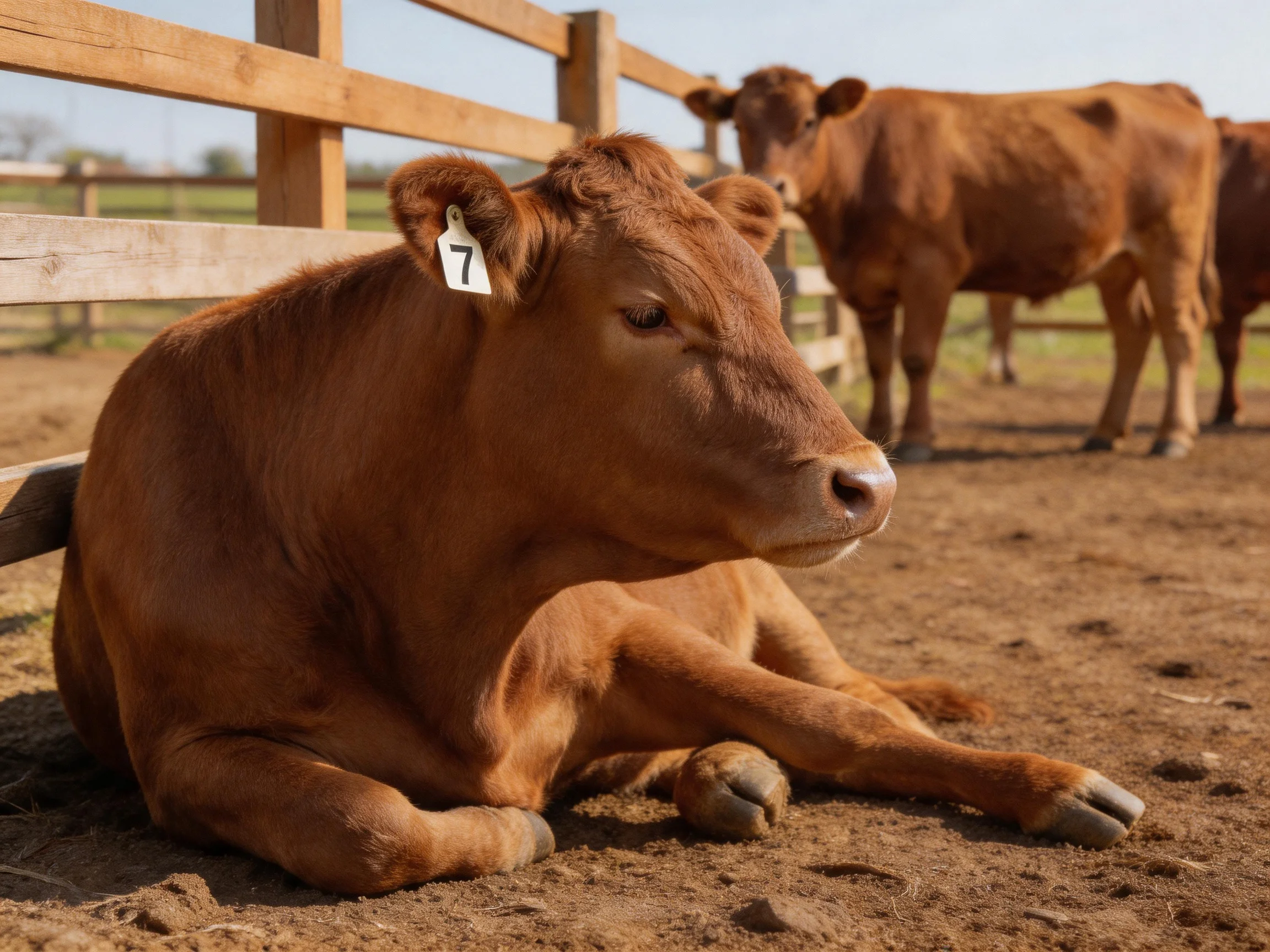 A brown calf rests near a wooden fence with other cattle