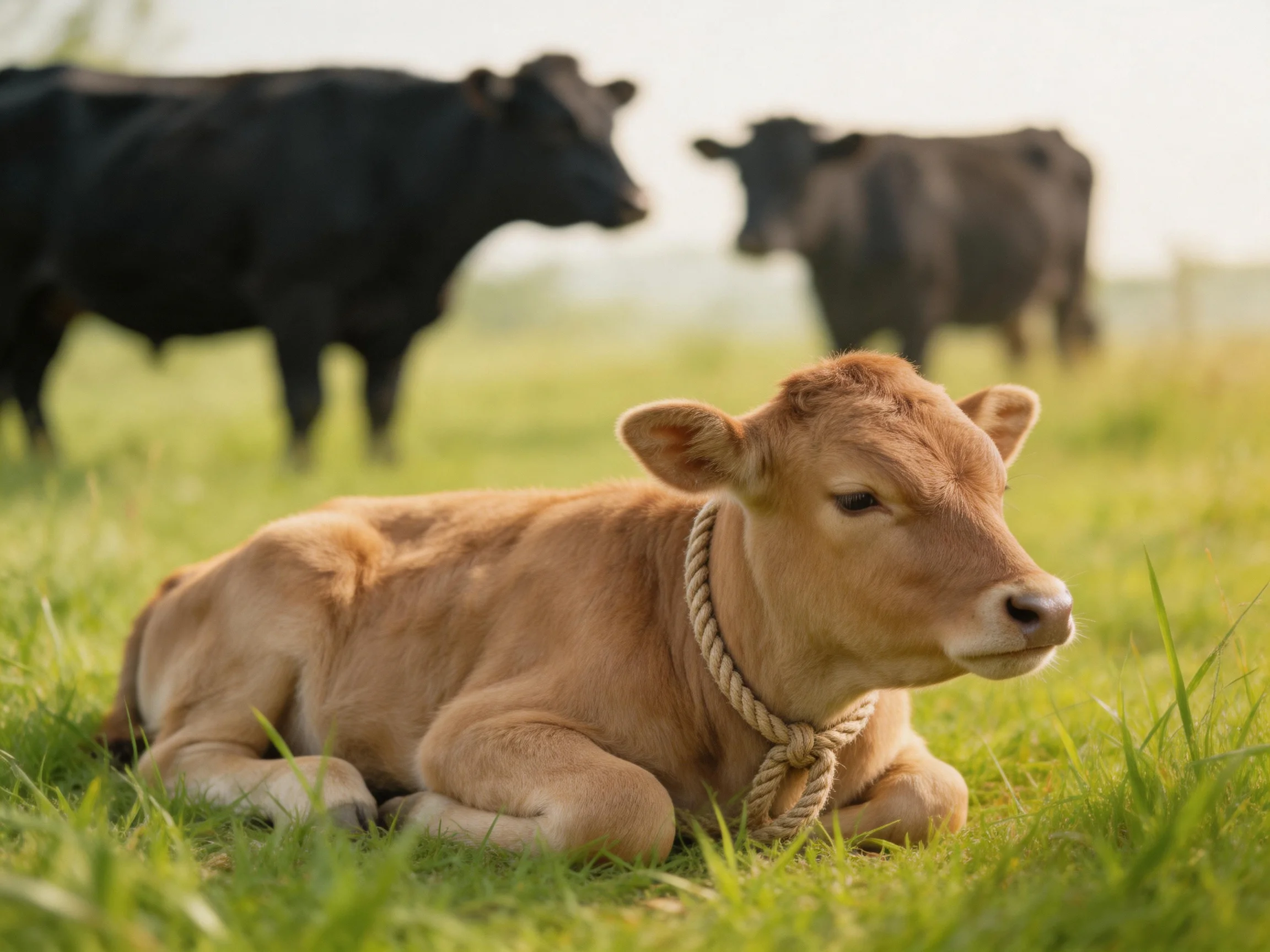 A brown calf rests near two black cows in a lush green field