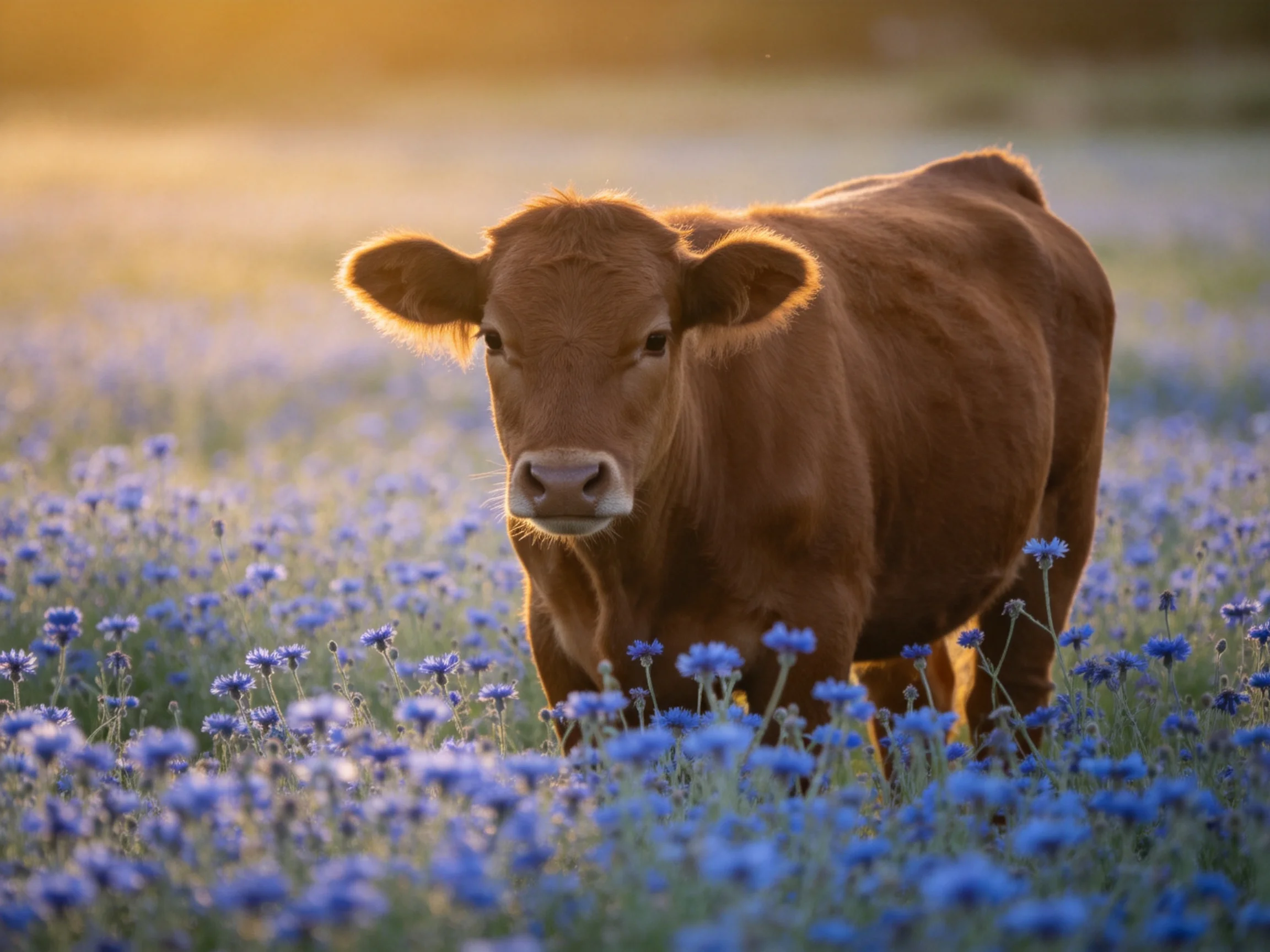 A brown calf stands amid blue wildflowers under golden sunlight