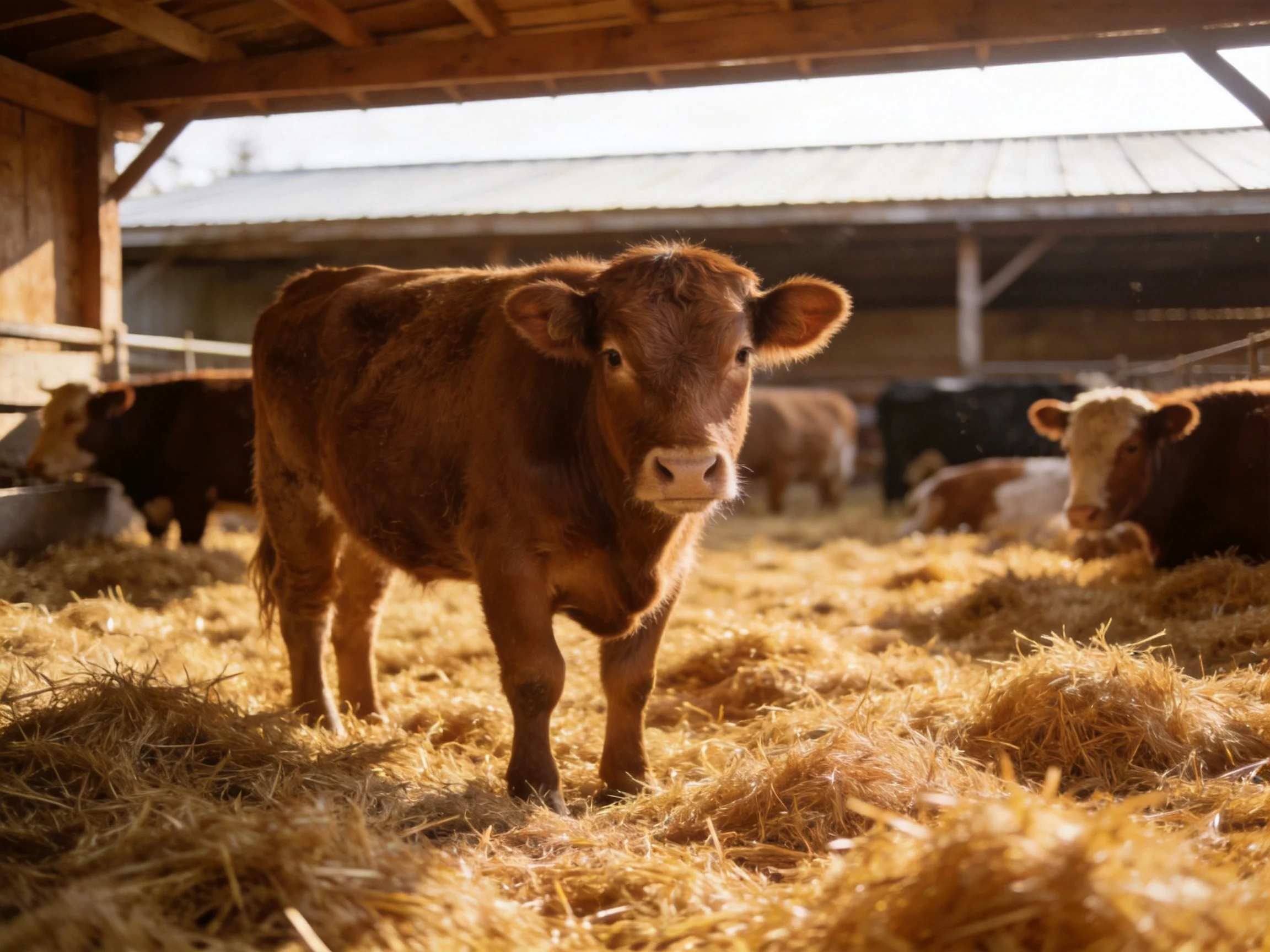 A young brown cow stands amid golden straw with other cattle in a barn.